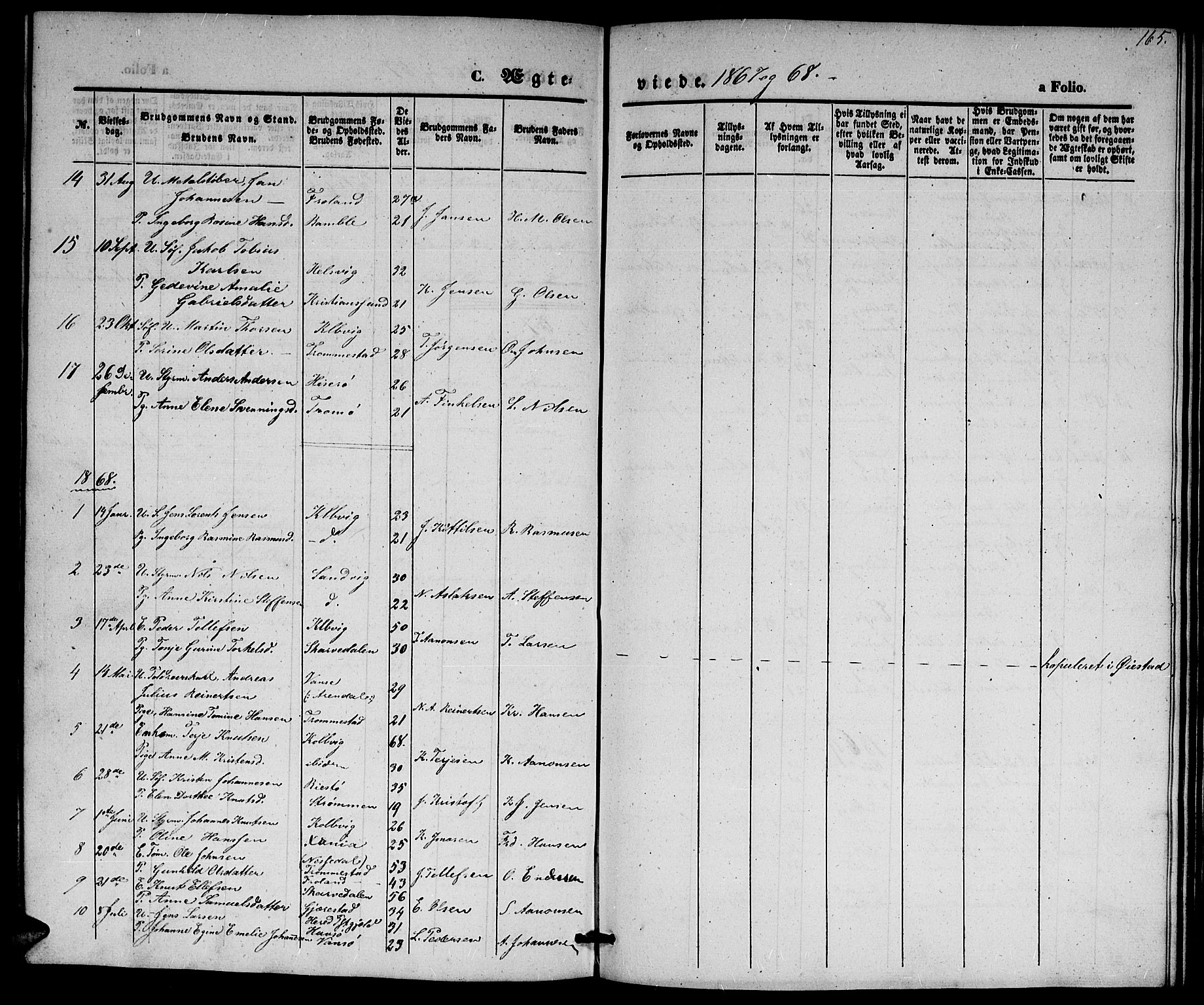 Hisøy sokneprestkontor, SAK/1111-0020/F/Fb/L0001: Parish register (copy) no. B 1, 1849-1872, p. 165