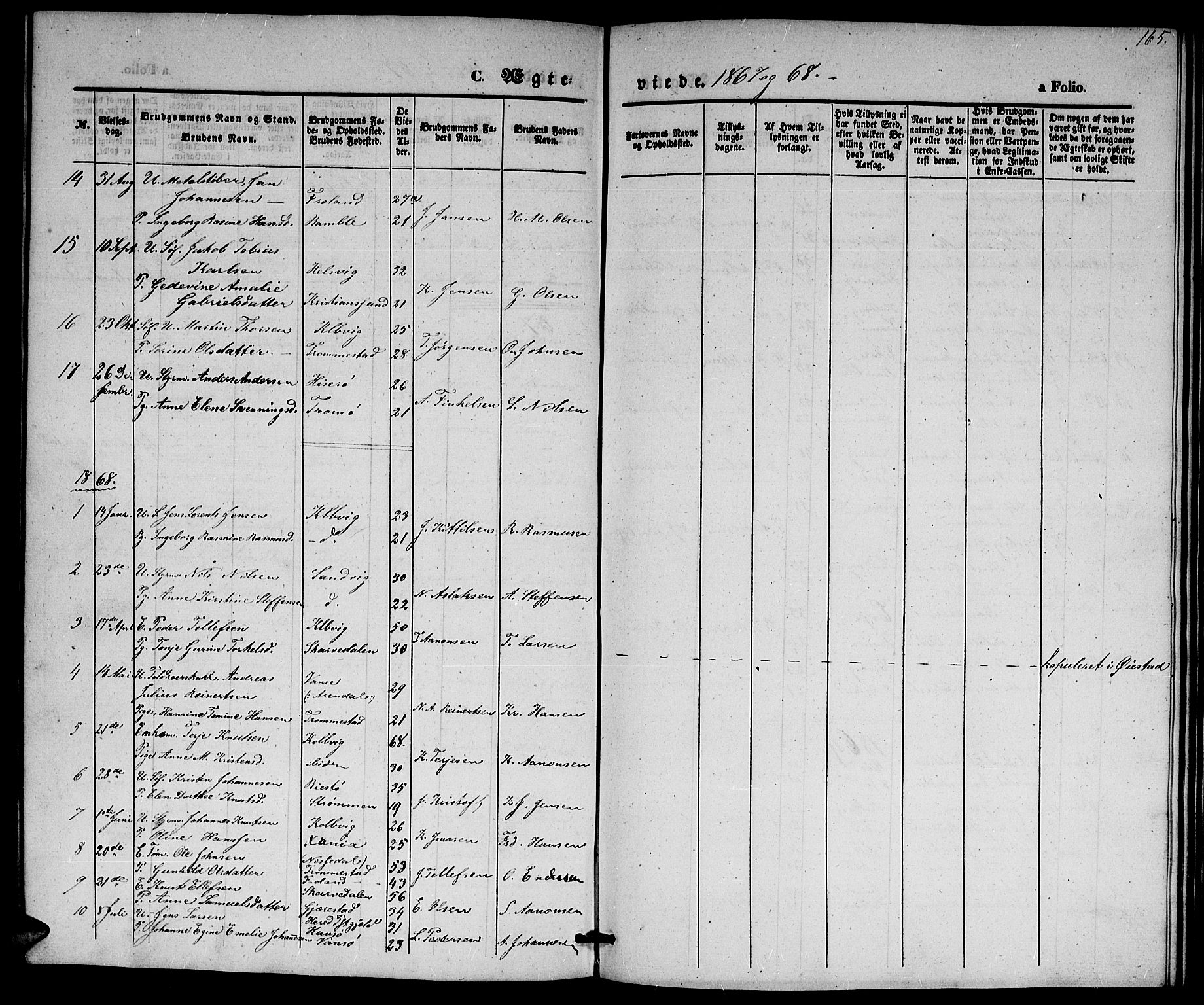 Hisøy sokneprestkontor, AV/SAK-1111-0020/F/Fb/L0001: Parish register (copy) no. B 1, 1849-1872, p. 165