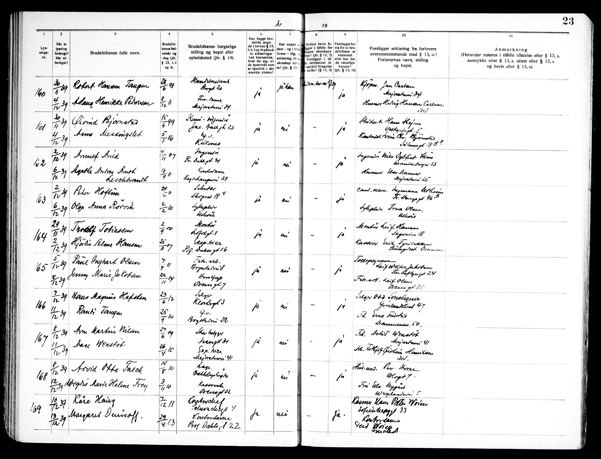 Uranienborg prestekontor Kirkebøker, SAO/A-10877/H/Hb/L0001: Banns register no. II 1, 1938-1947, p. 23