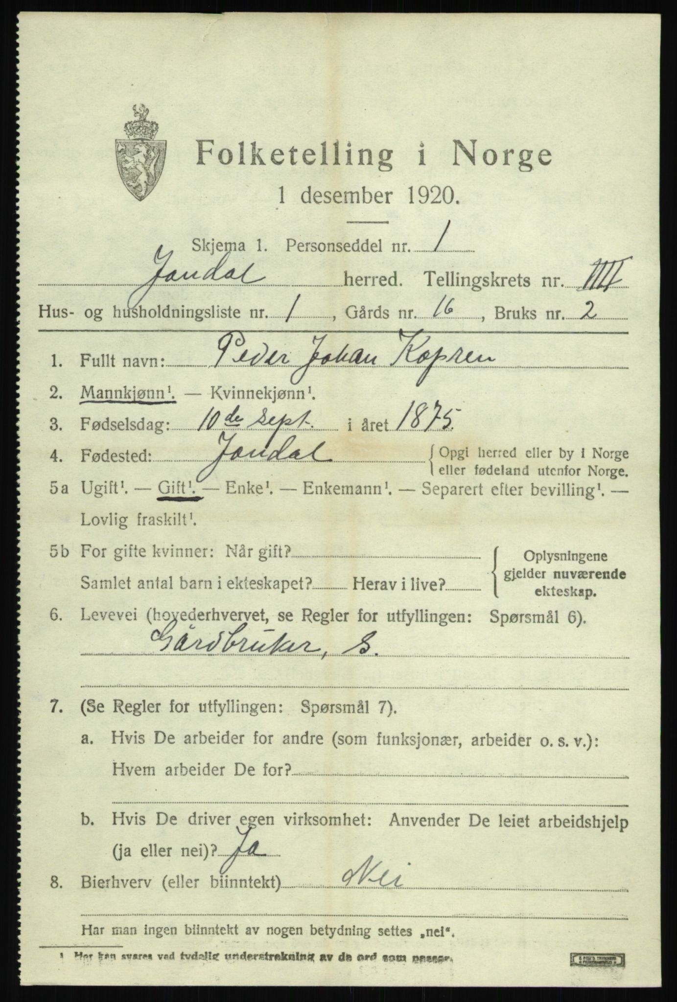 SAB, 1920 census for Jondal, 1920, p. 2208