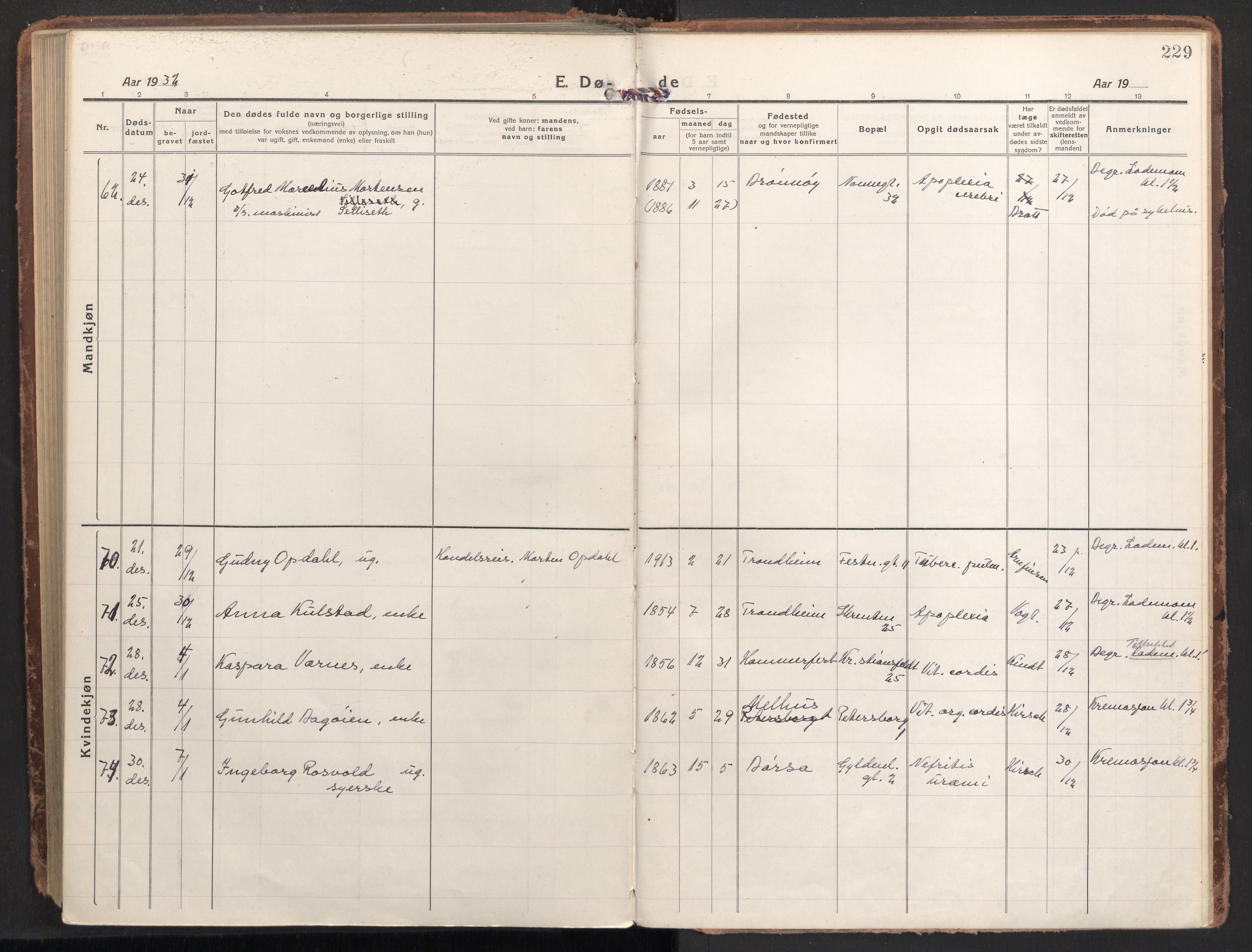 Ministerialprotokoller, klokkerbøker og fødselsregistre - Sør-Trøndelag, SAT/A-1456/604/L0207: Parish register (official) no. 604A27, 1917-1933, p. 229