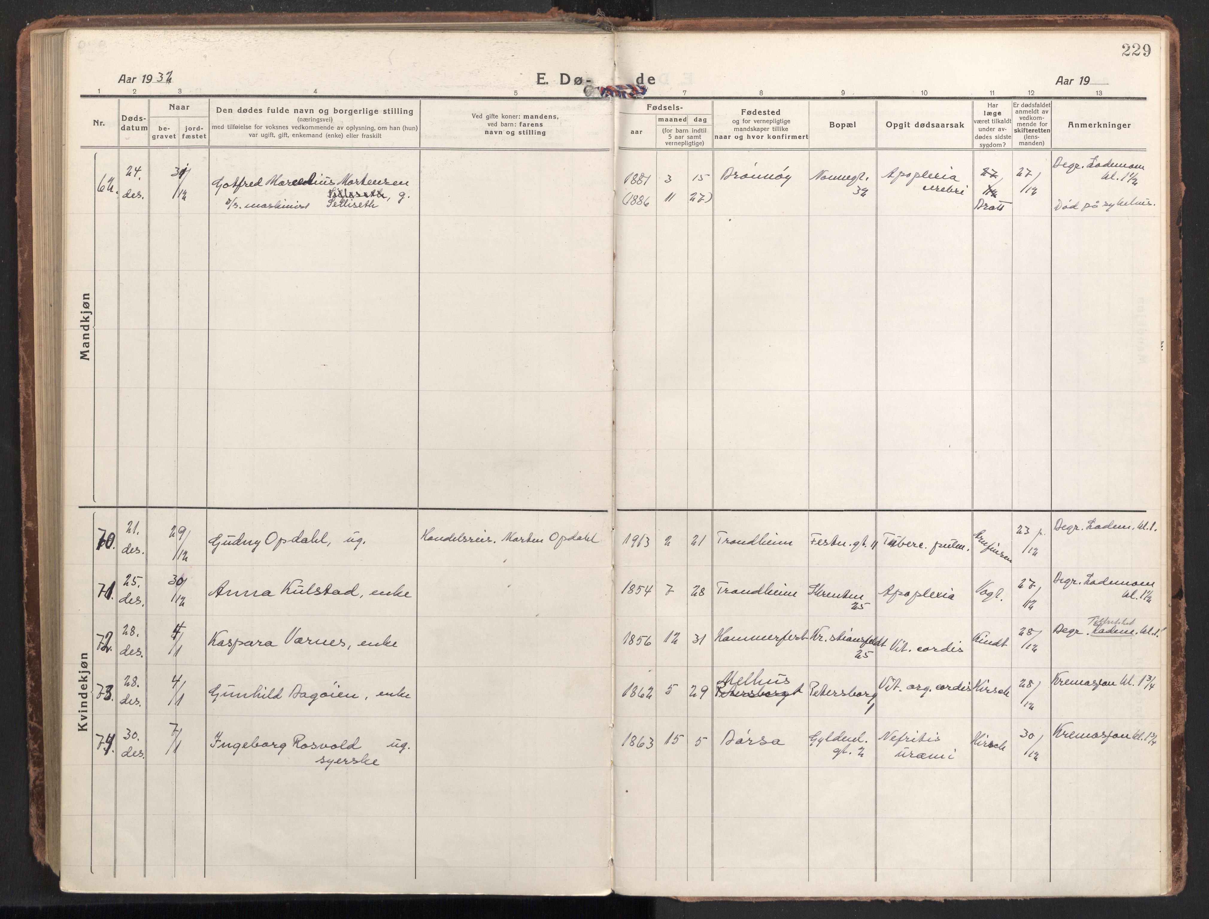 Ministerialprotokoller, klokkerbøker og fødselsregistre - Sør-Trøndelag, AV/SAT-A-1456/604/L0207: Parish register (official) no. 604A27, 1917-1933, p. 229