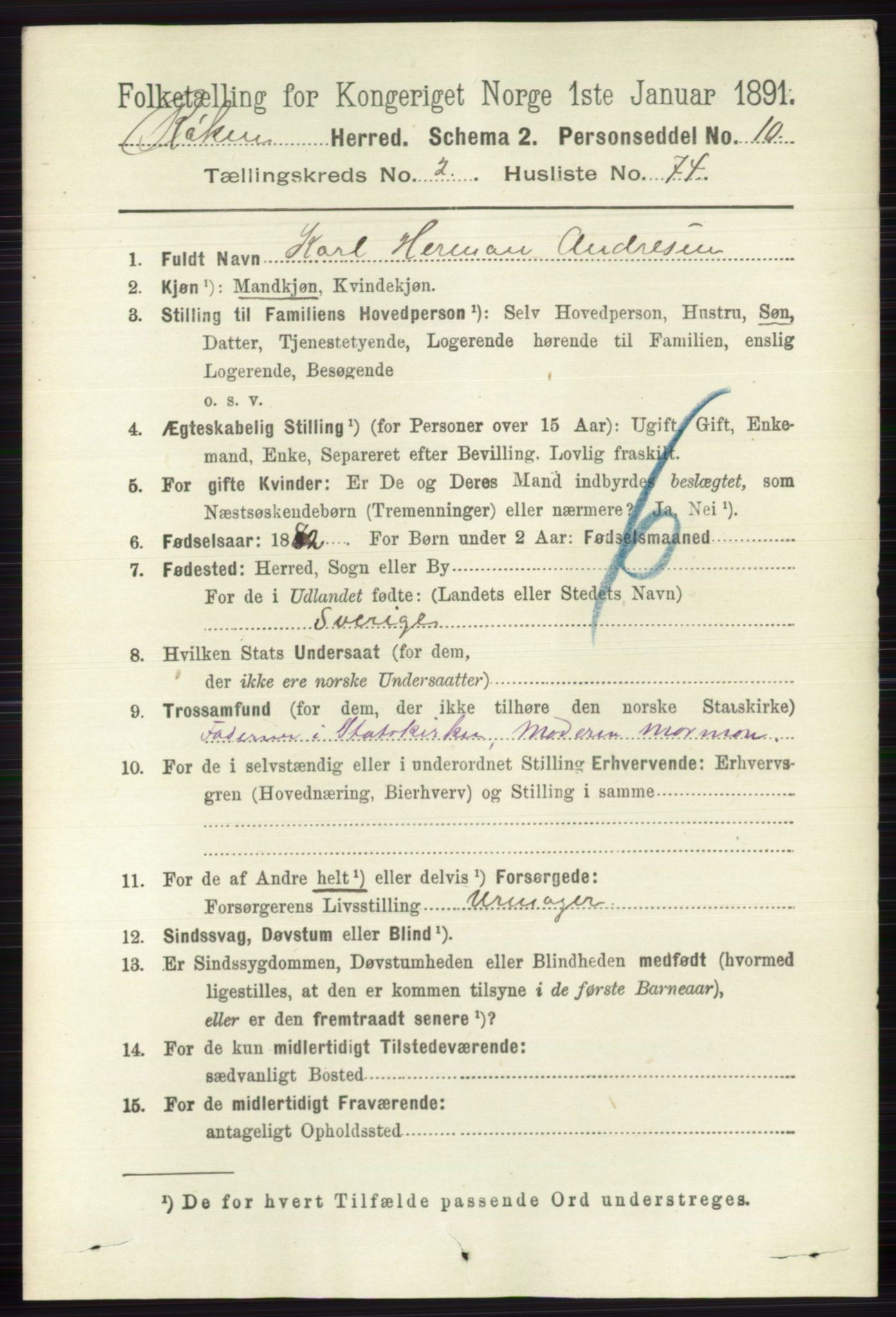 RA, 1891 census for 0627 Røyken, 1891, p. 1085