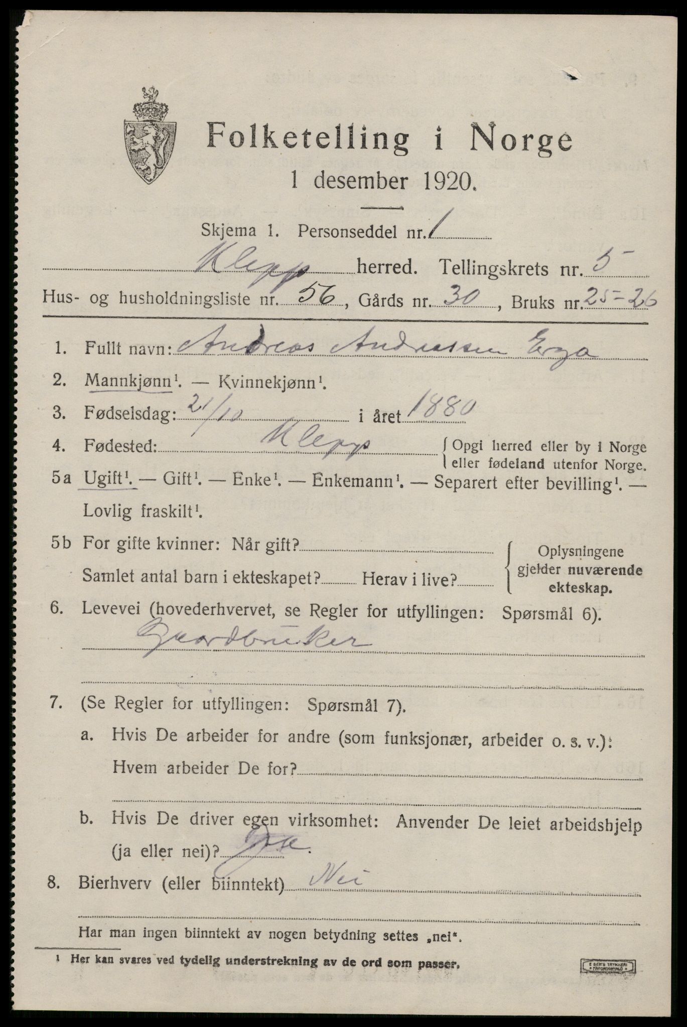 SAST, 1920 census for Klepp, 1920, p. 6012