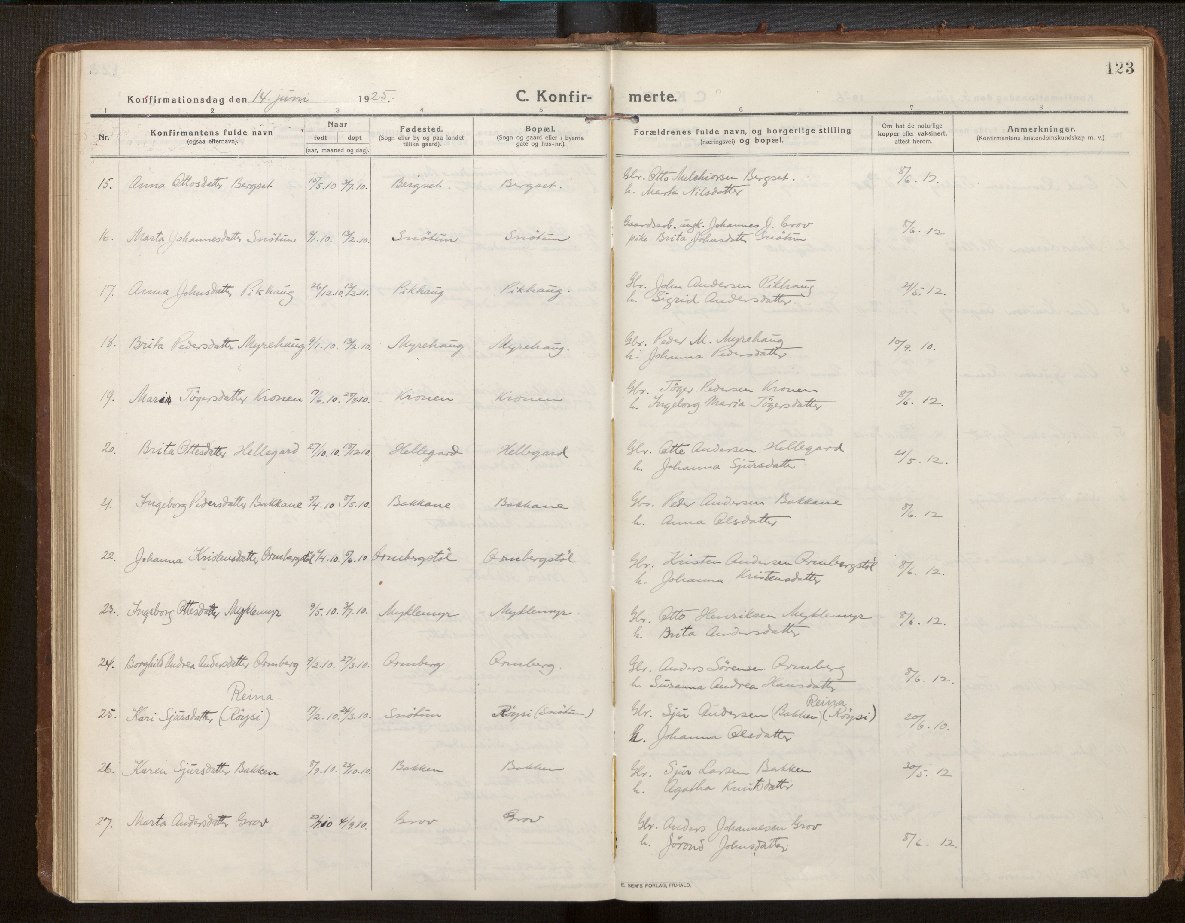 Jostedal sokneprestembete, AV/SAB-A-80601/H/Haa/Haab/L0002: Parish register (official) no. B 2, 1915-1931, p. 123