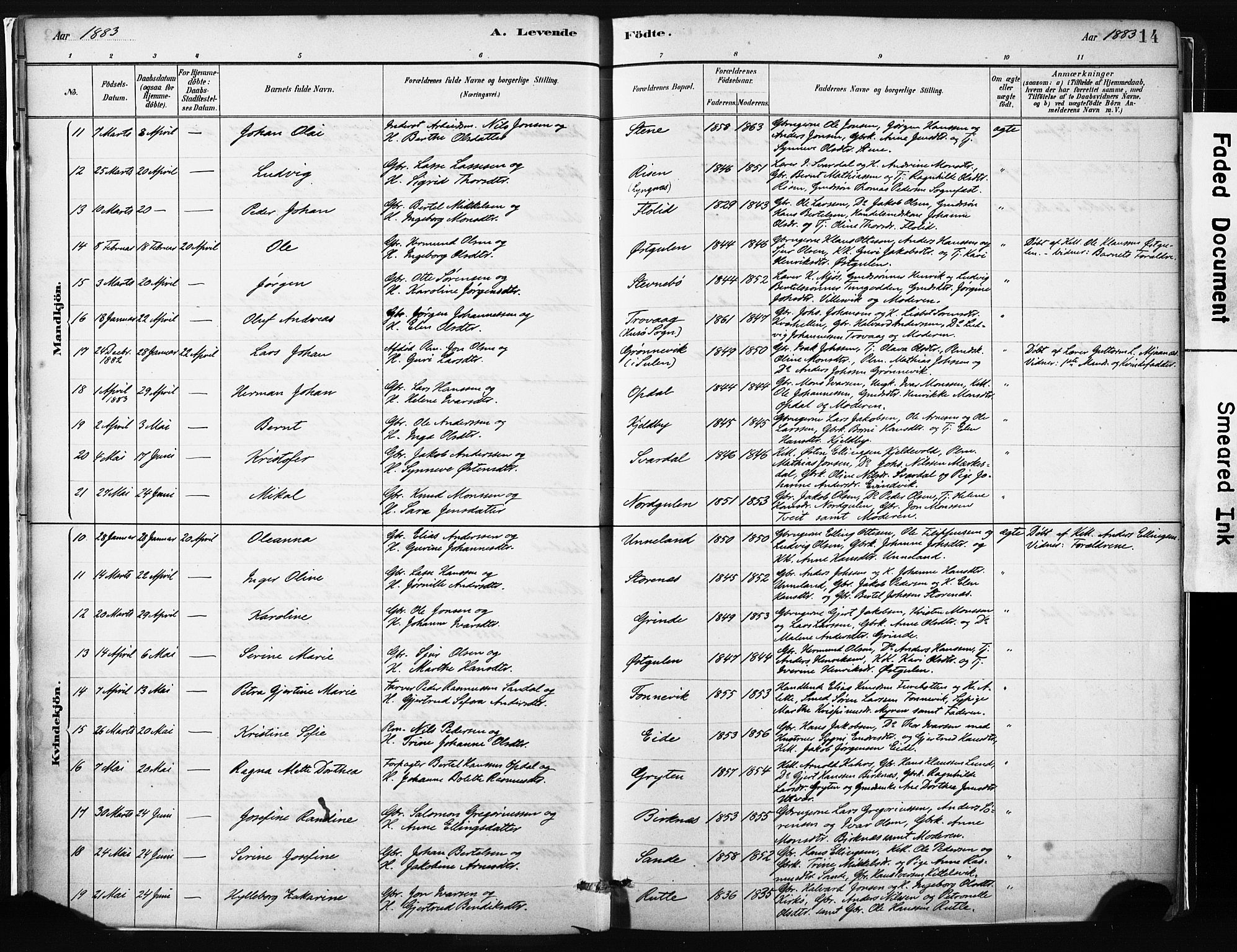Gulen sokneprestembete, AV/SAB-A-80201/H/Haa/Haab/L0001: Parish register (official) no. B 1, 1881-1905, p. 14