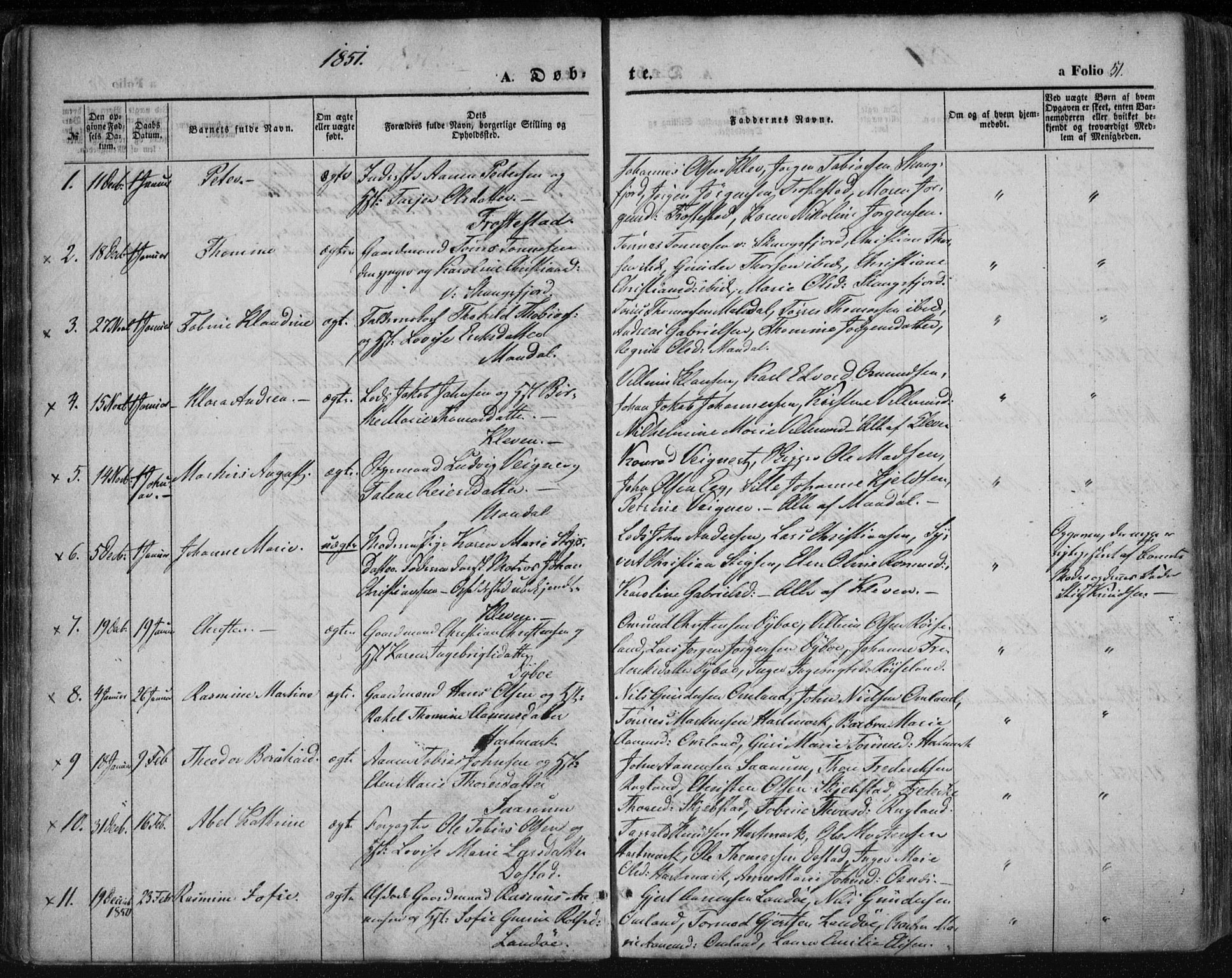 Mandal sokneprestkontor, SAK/1111-0030/F/Fa/Faa/L0013: Parish register (official) no. A 13, 1847-1859, p. 51
