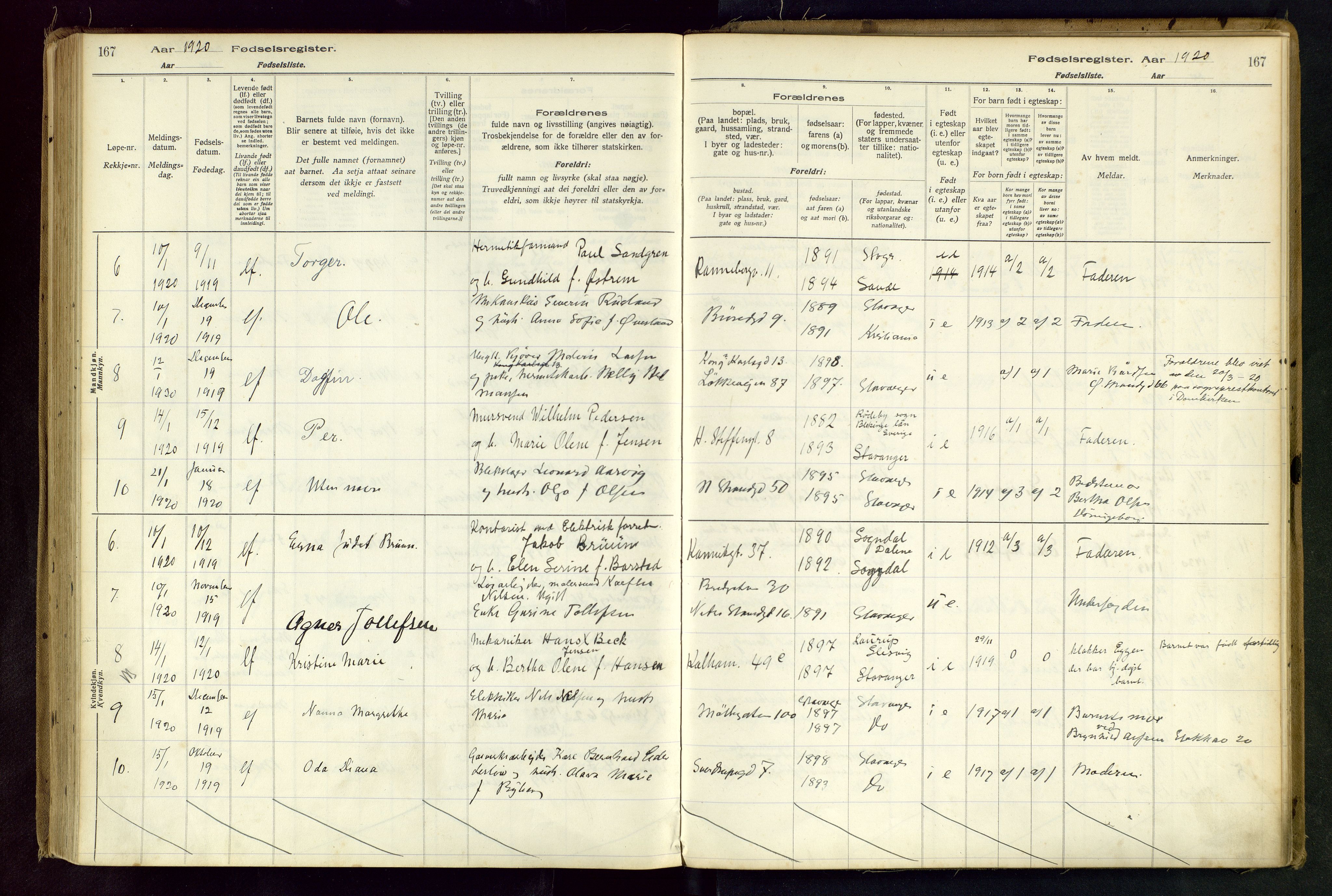 Domkirken sokneprestkontor, AV/SAST-A-101812/002/B/L0001: Birth register no. 1, 1916-1920, p. 167