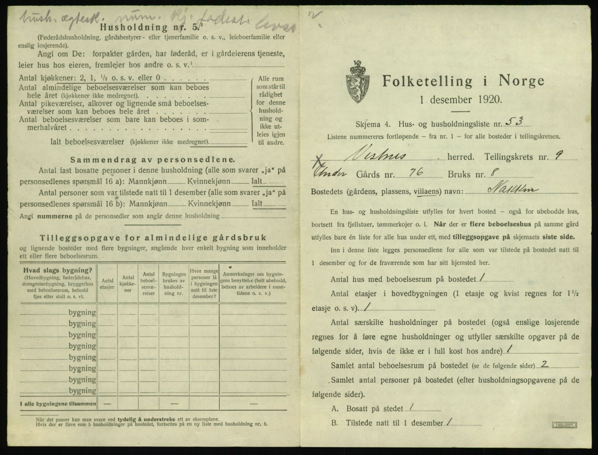 SAT, 1920 census for Vestnes, 1920, p. 1041