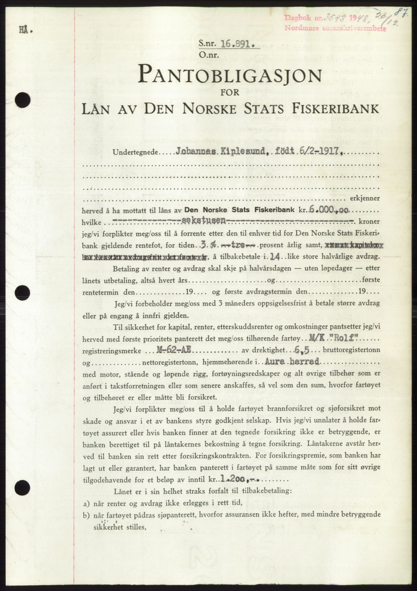 Nordmøre sorenskriveri, AV/SAT-A-4132/1/2/2Ca: Mortgage book no. B100, 1948-1949, Diary no: : 3543/1948