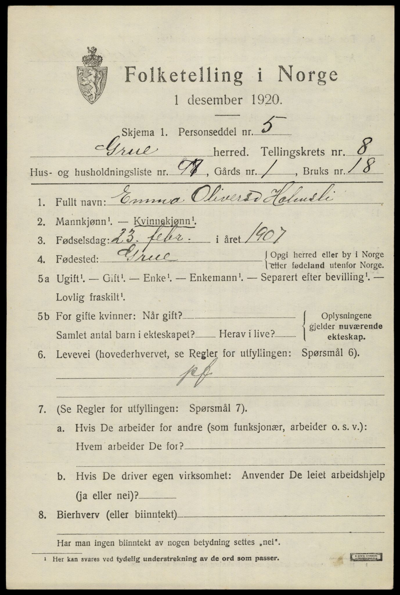 SAH, 1920 census for Grue, 1920, p. 8041