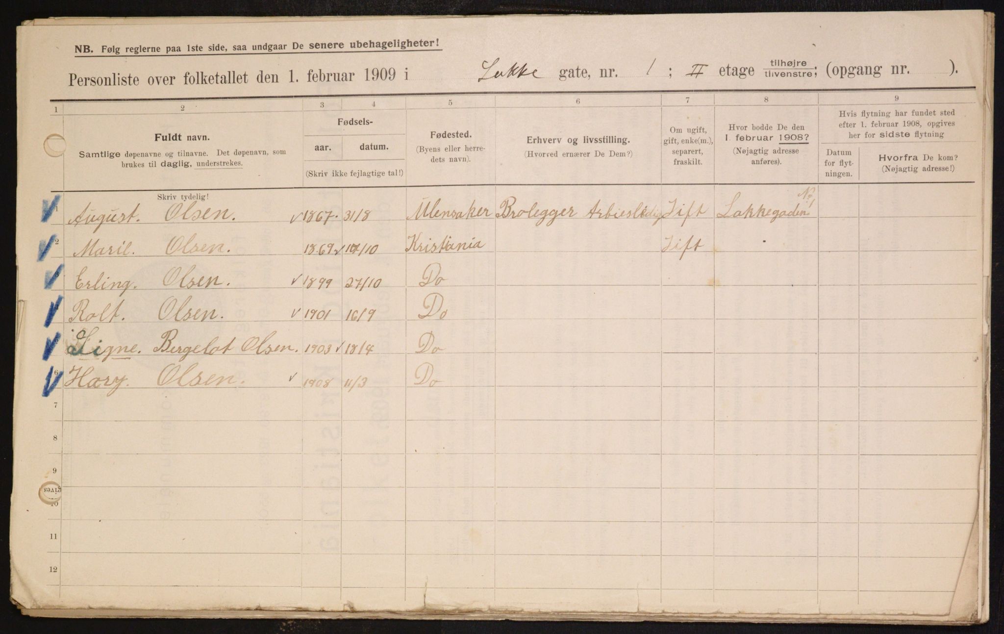 OBA, Municipal Census 1909 for Kristiania, 1909, p. 50446