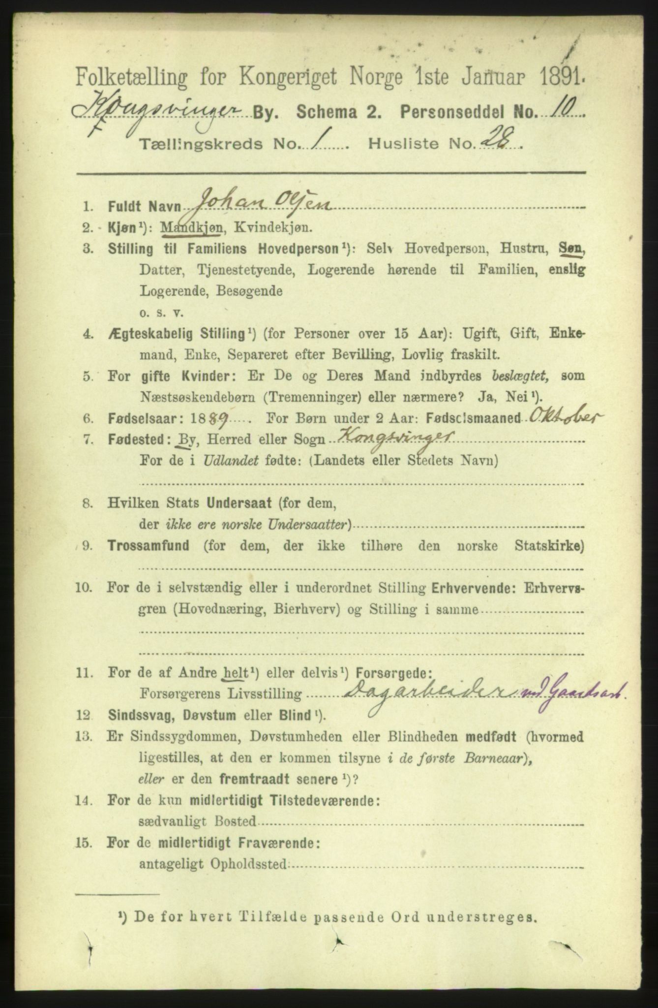 RA, 1891 census for 0402 Kongsvinger, 1891, p. 583