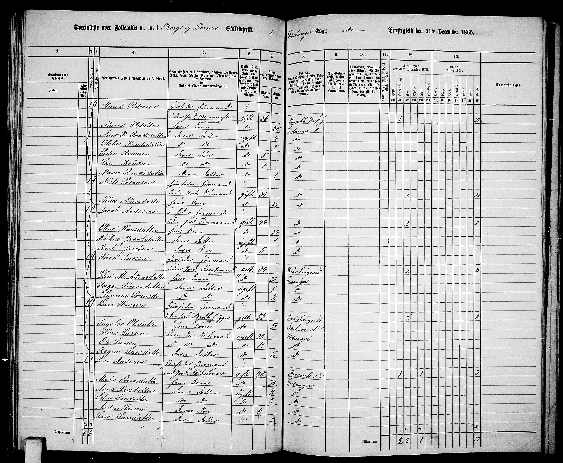 RA, 1865 census for Eidanger, 1865, p. 52