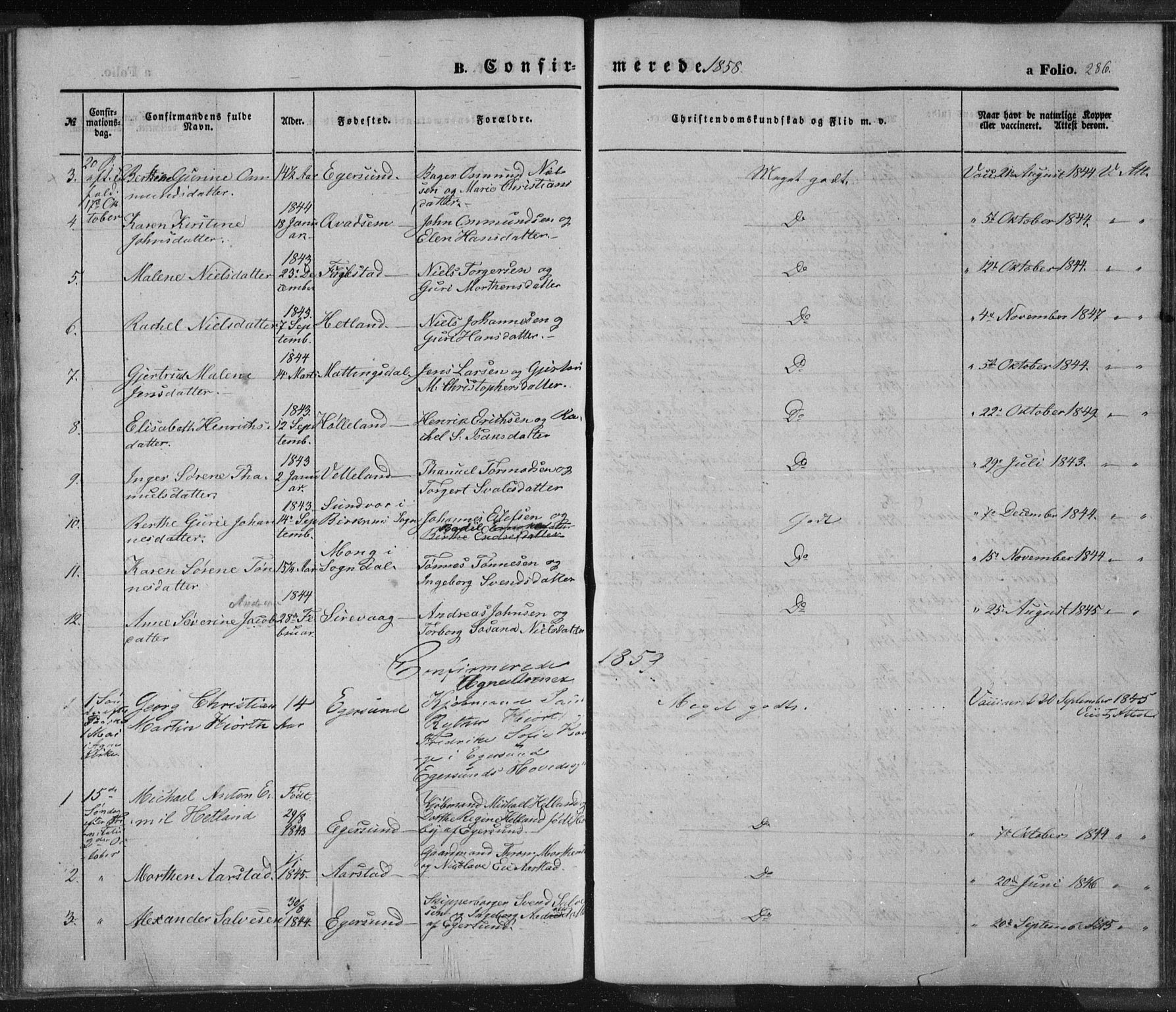 Eigersund sokneprestkontor, SAST/A-101807/S08/L0012: Parish register (official) no. A 12.1, 1850-1865, p. 286