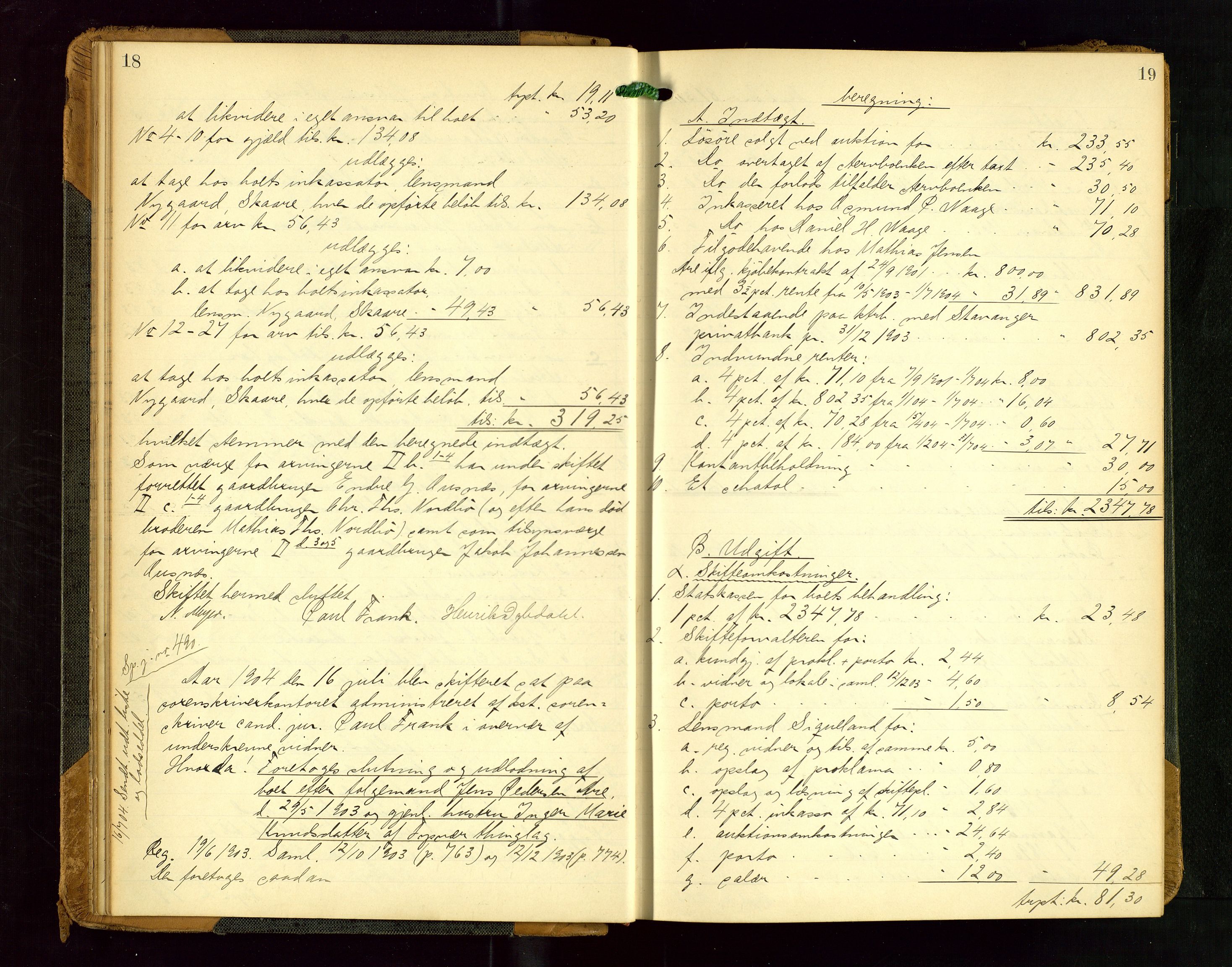Karmsund sorenskriveri, AV/SAST-A-100311/01/IV/IVGB/L0001: SKIFTEUTLODNINGSPROTOKOLL, 1904-1911, p. 18-19