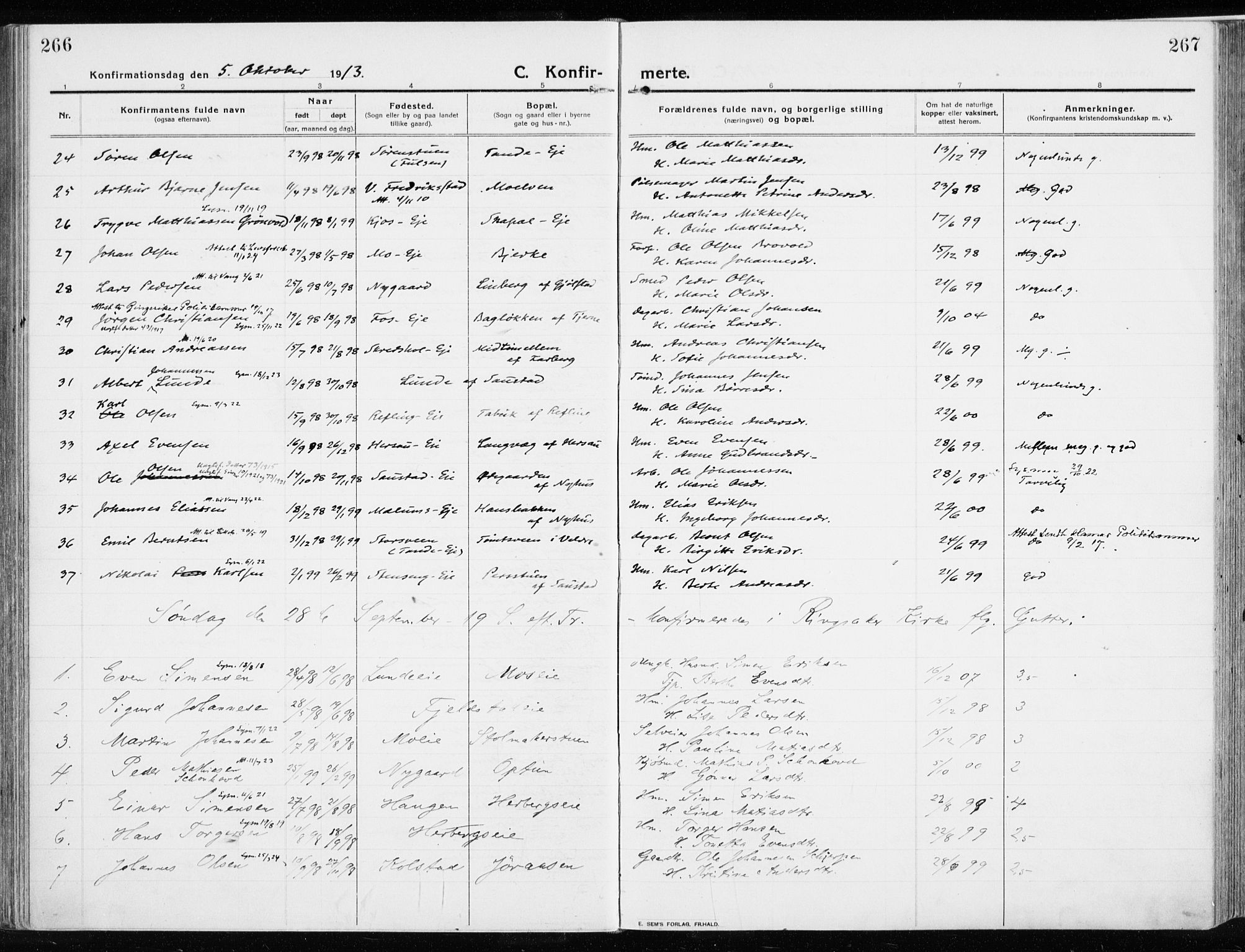 Ringsaker prestekontor, AV/SAH-PREST-014/K/Ka/L0020: Parish register (official) no. 20, 1913-1922, p. 266-267