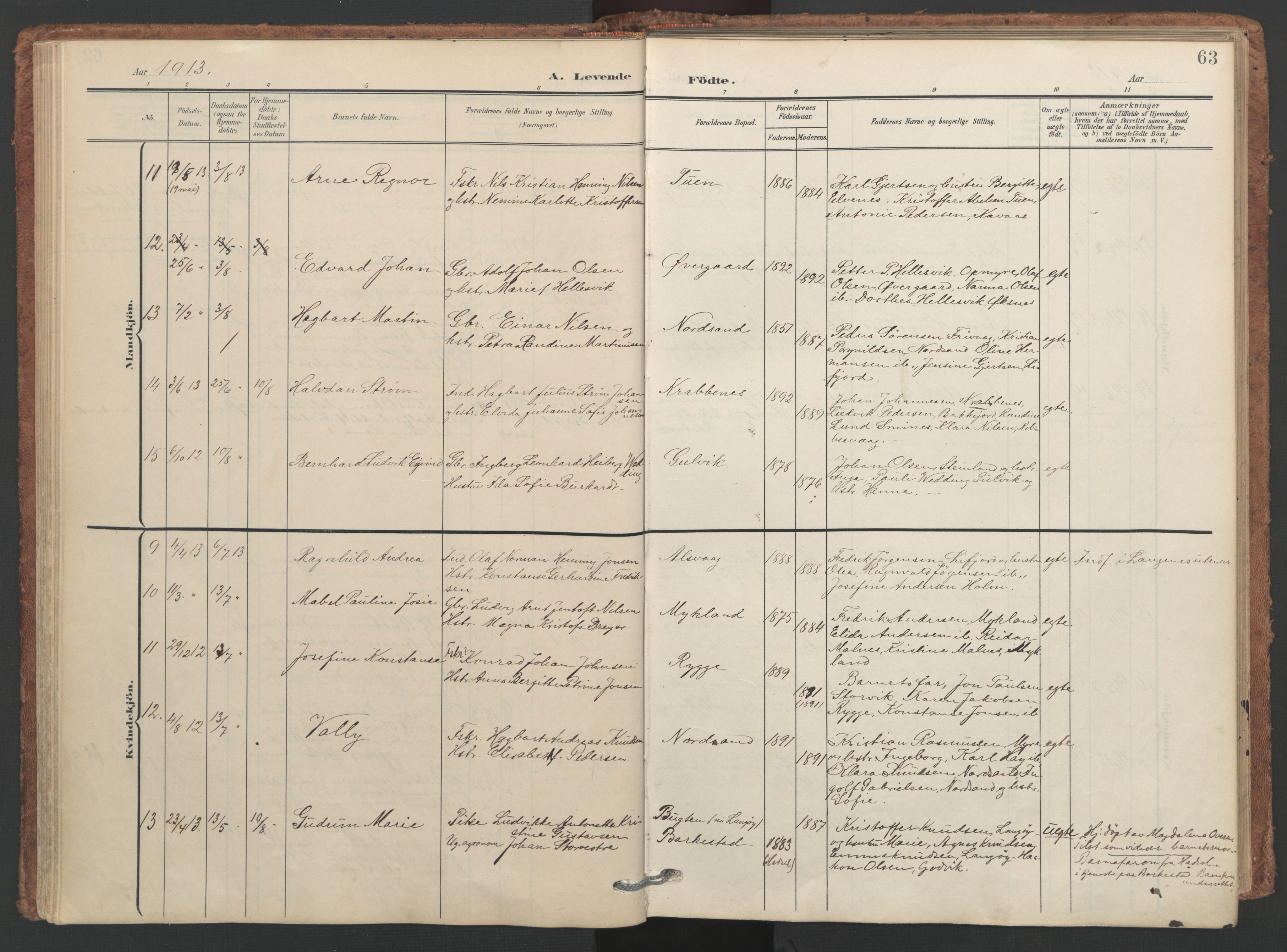 Ministerialprotokoller, klokkerbøker og fødselsregistre - Nordland, SAT/A-1459/893/L1339: Parish register (official) no. 893A11, 1904-1914, p. 63