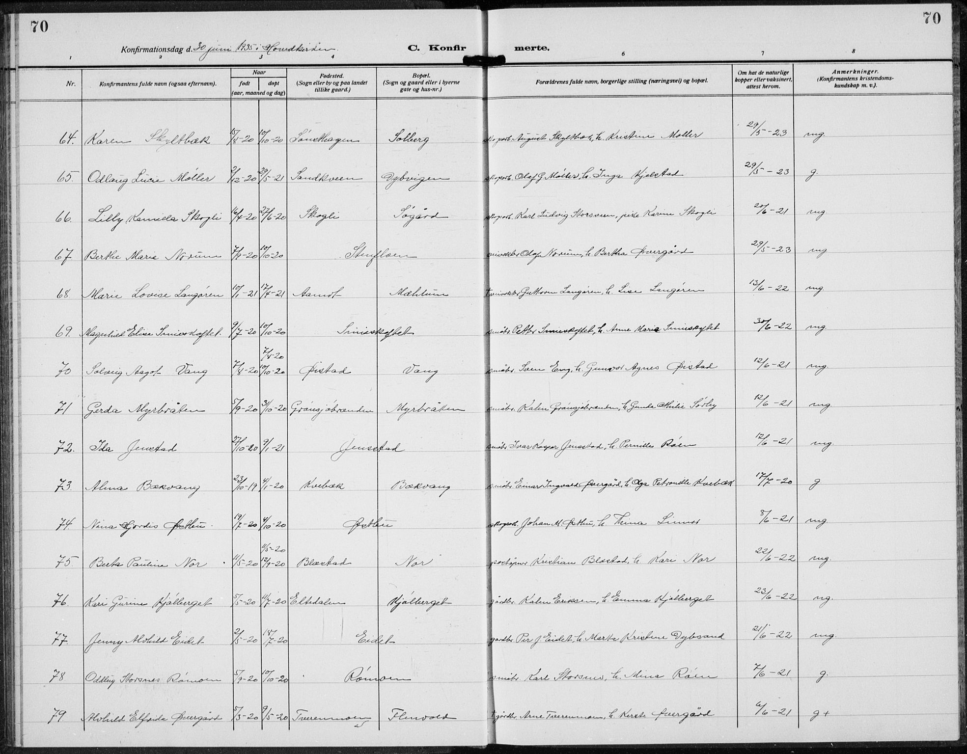 Trysil prestekontor, AV/SAH-PREST-046/H/Ha/Hab/L0010: Parish register (copy) no. 10, 1917-1937, p. 70