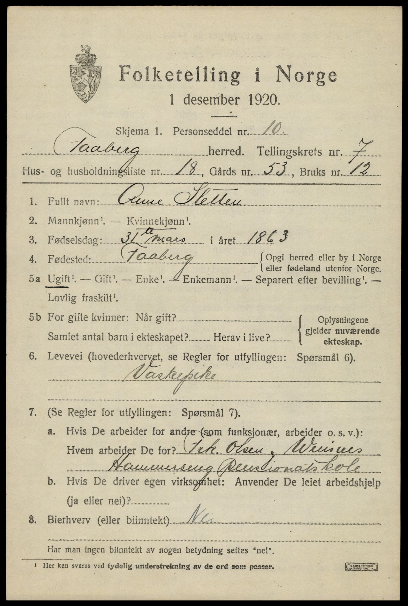 SAH, 1920 census for Fåberg, 1920, p. 8088