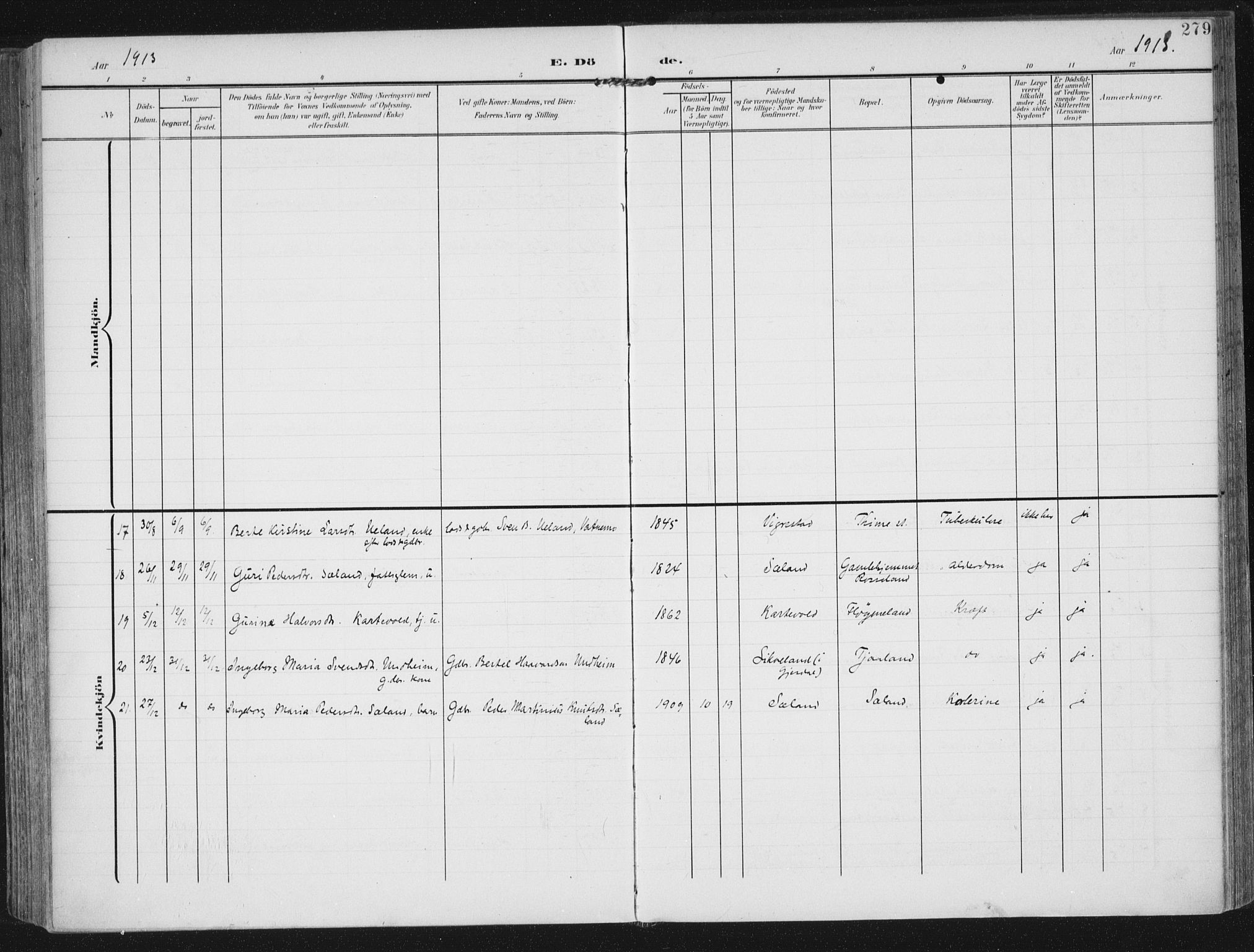 Lye sokneprestkontor, AV/SAST-A-101794/002/A/L0001: Parish register (official) no. A 12, 1904-1920, p. 279