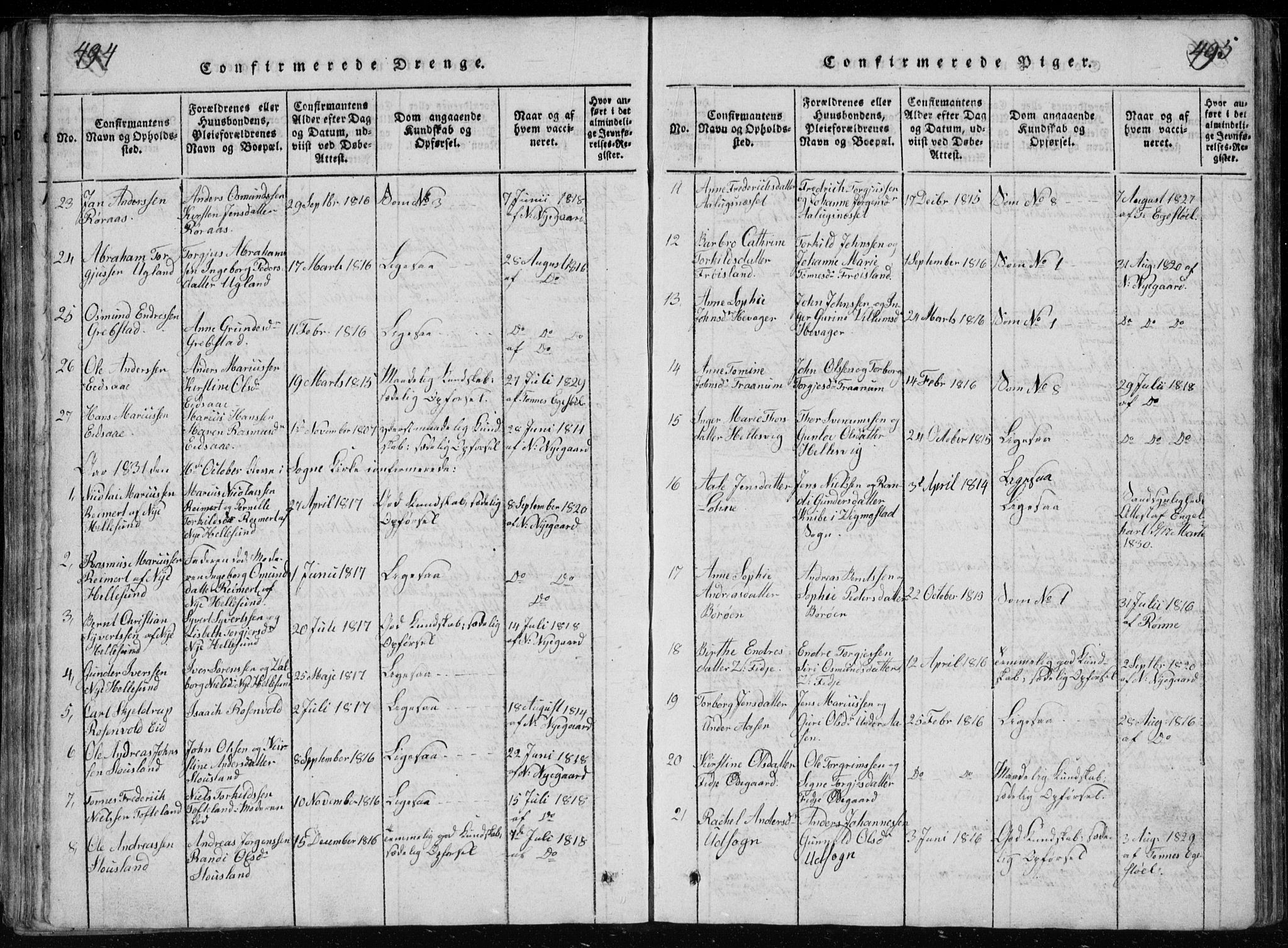 Søgne sokneprestkontor, AV/SAK-1111-0037/F/Fb/Fbb/L0002: Parish register (copy) no. B 2, 1821-1838, p. 494-495