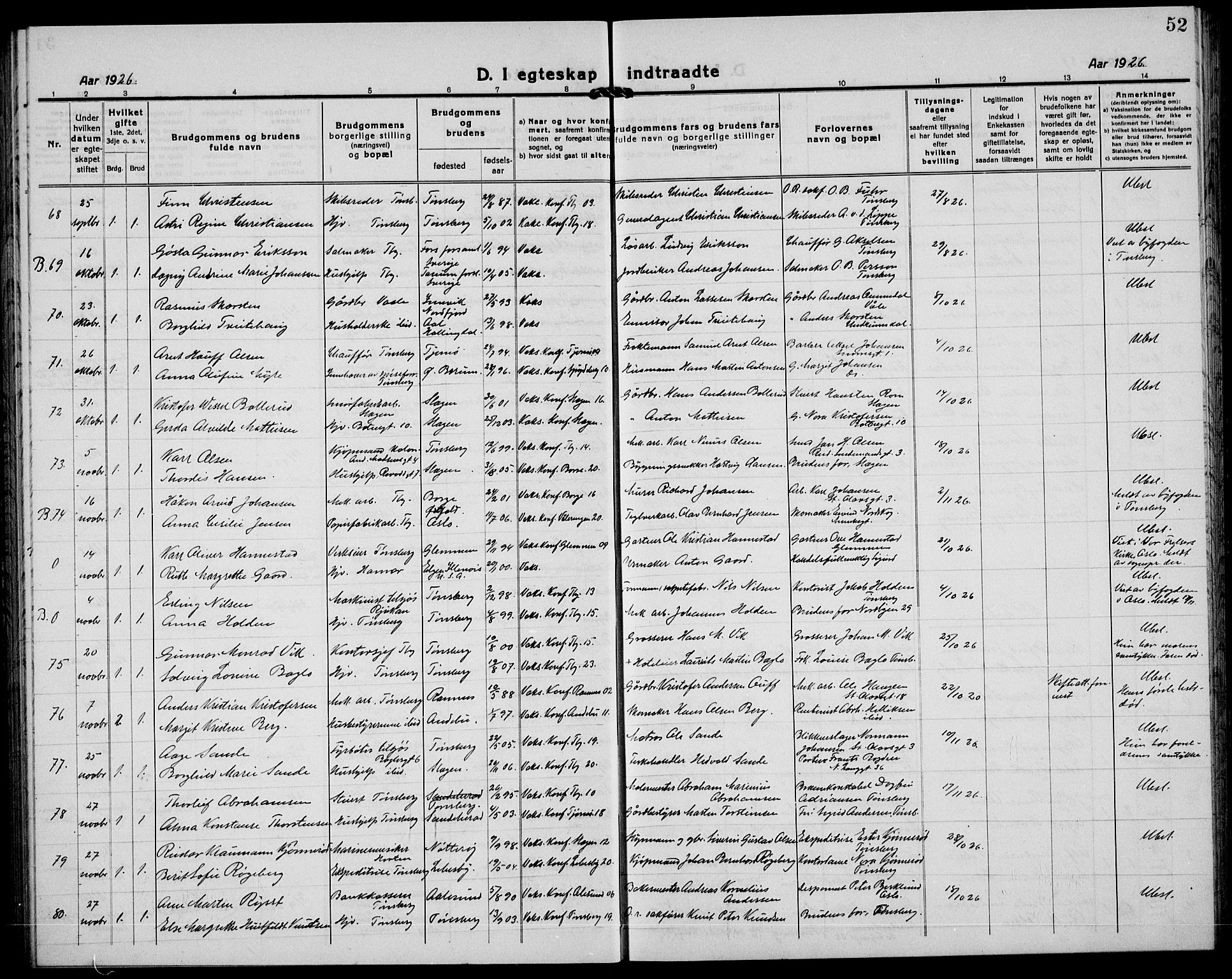 Tønsberg kirkebøker, AV/SAKO-A-330/G/Ga/L0016: Parish register (copy) no. 16, 1920-1933, p. 52