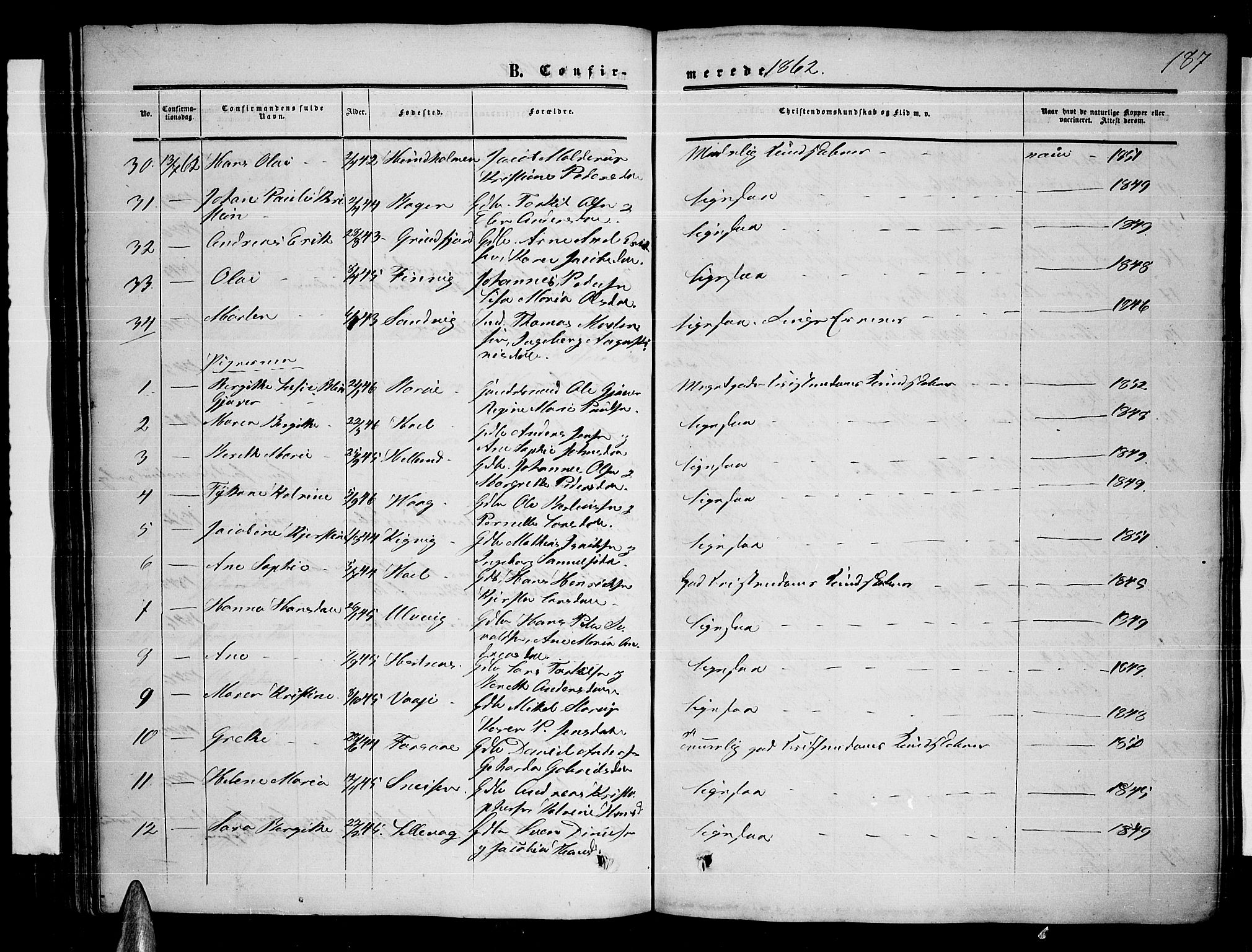 Ministerialprotokoller, klokkerbøker og fødselsregistre - Nordland, AV/SAT-A-1459/872/L1046: Parish register (copy) no. 872C02, 1852-1879, p. 187