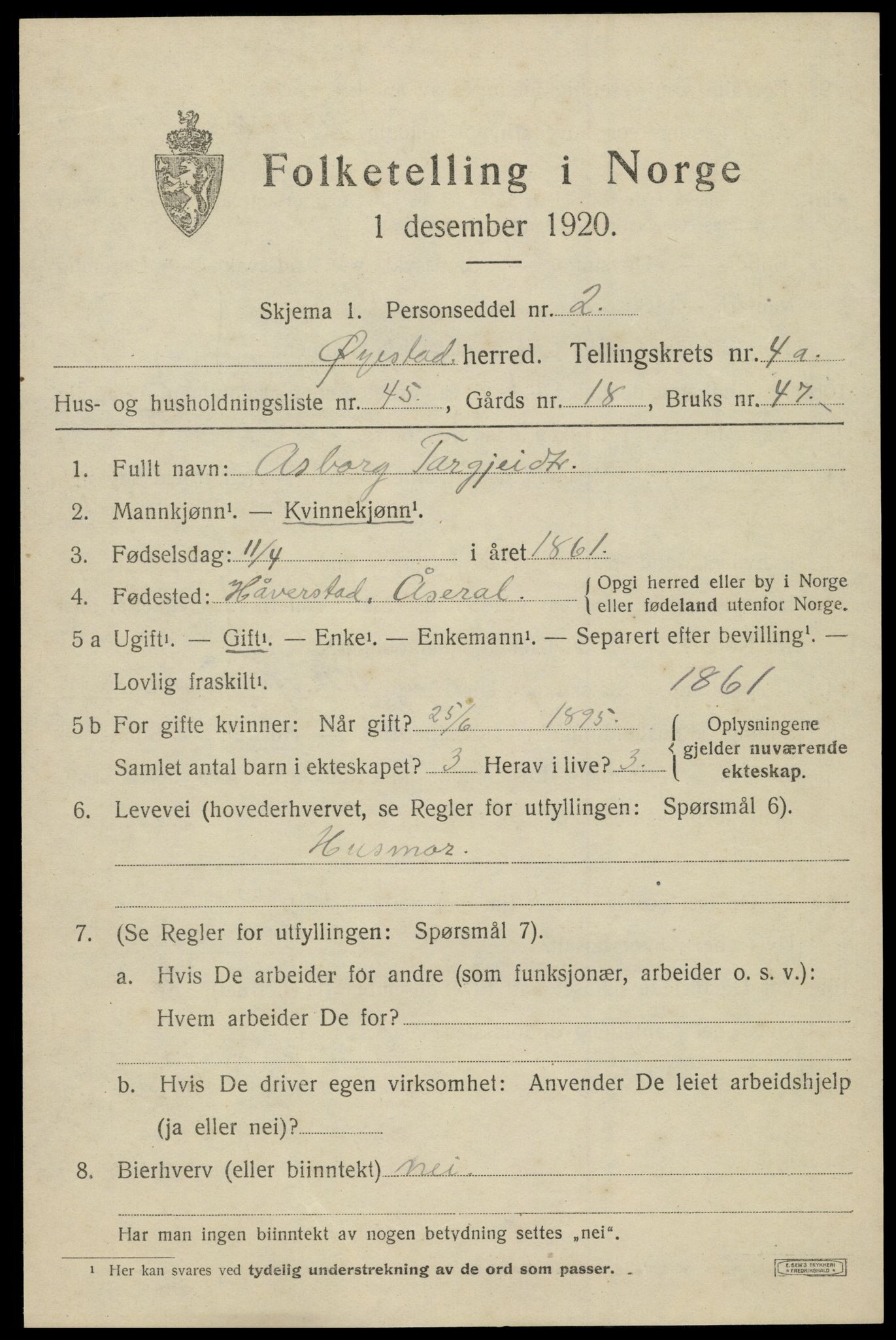 SAK, 1920 census for Øyestad, 1920, p. 3614