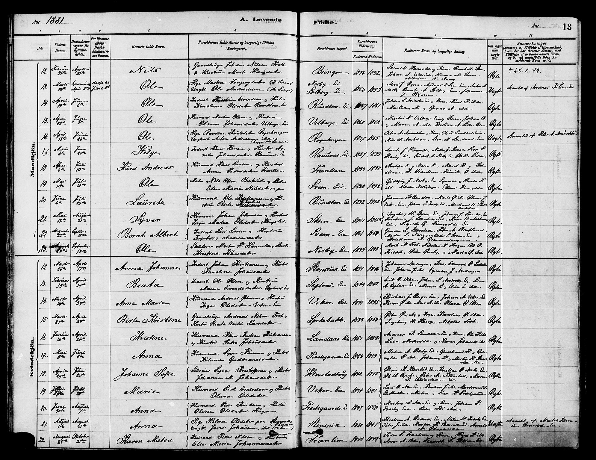 Søndre Land prestekontor, AV/SAH-PREST-122/K/L0002: Parish register (official) no. 2, 1878-1894, p. 13