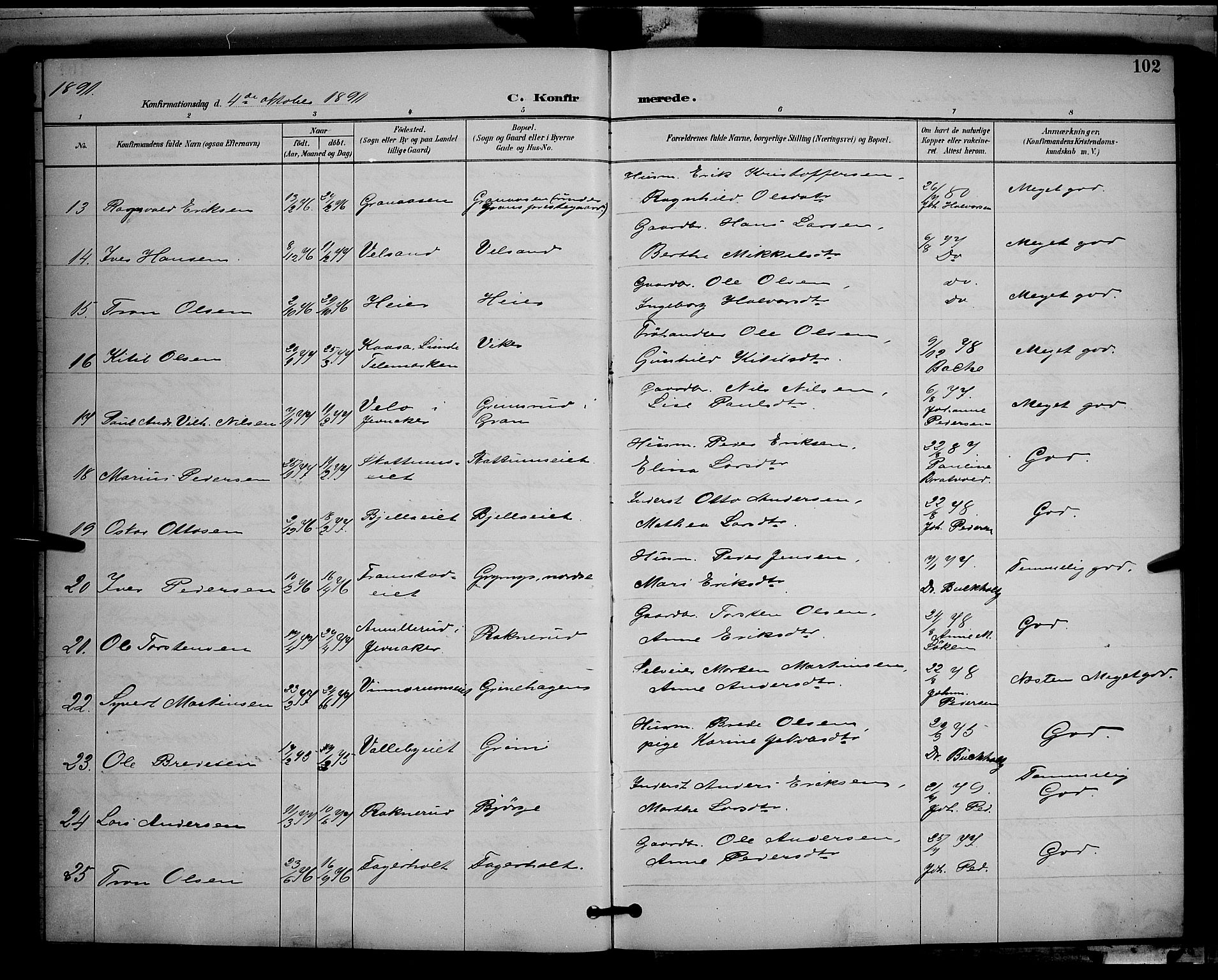 Gran prestekontor, SAH/PREST-112/H/Ha/Hab/L0005: Parish register (copy) no. 5, 1892-1900, p. 102