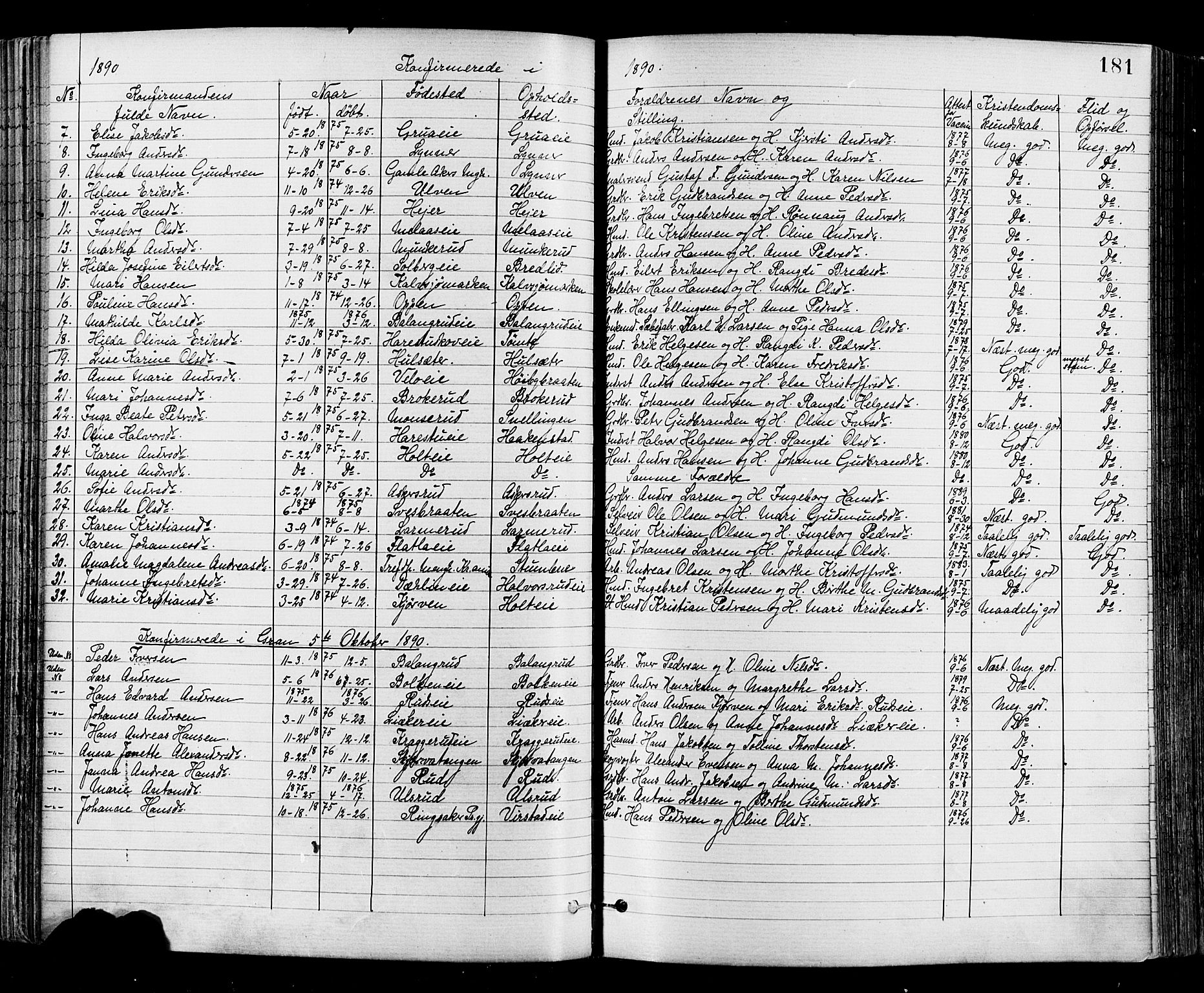 Jevnaker prestekontor, SAH/PREST-116/H/Ha/Haa/L0008: Parish register (official) no. 8, 1877-1890, p. 181