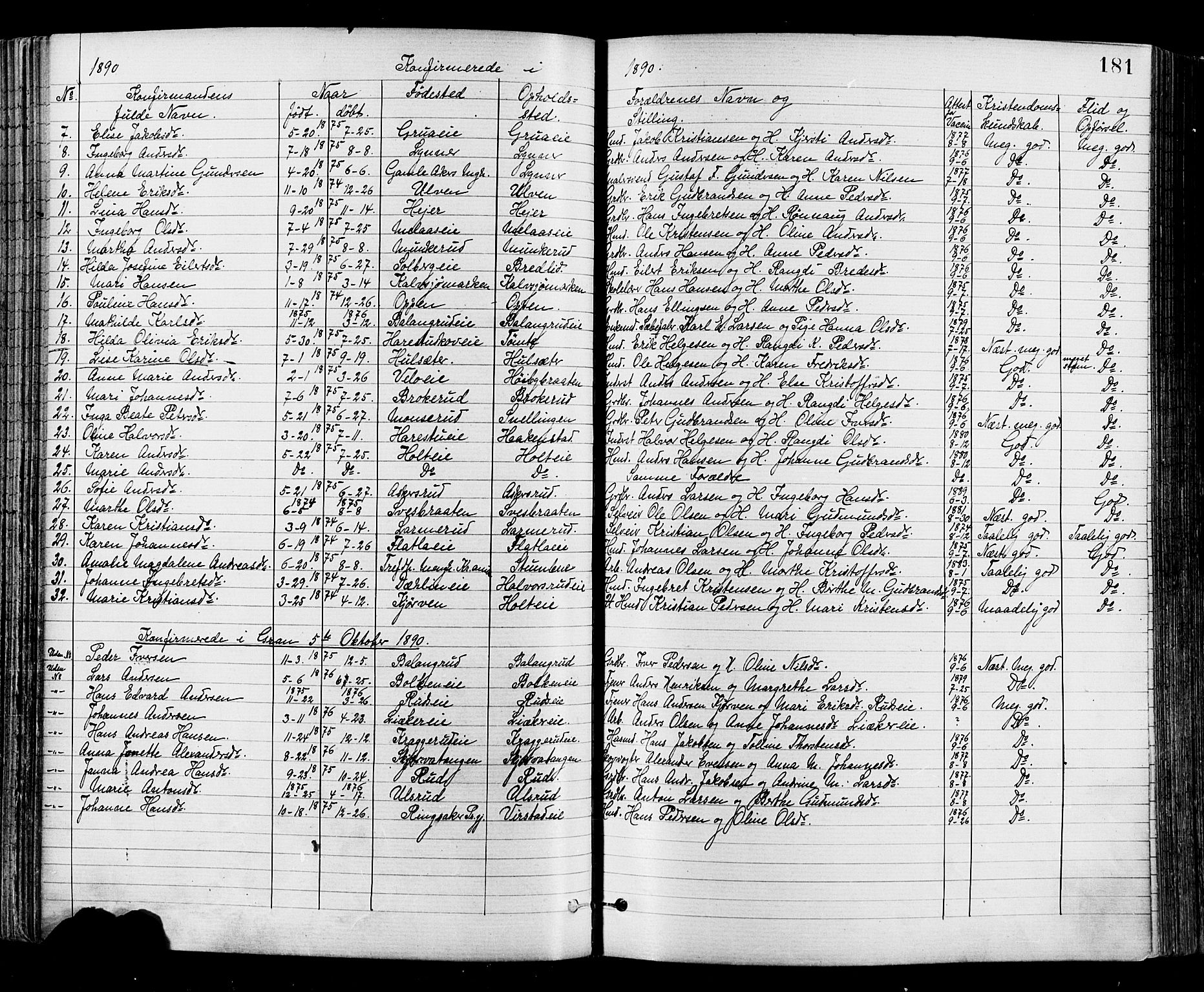 Jevnaker prestekontor, AV/SAH-PREST-116/H/Ha/Haa/L0008: Parish register (official) no. 8, 1877-1890, p. 181