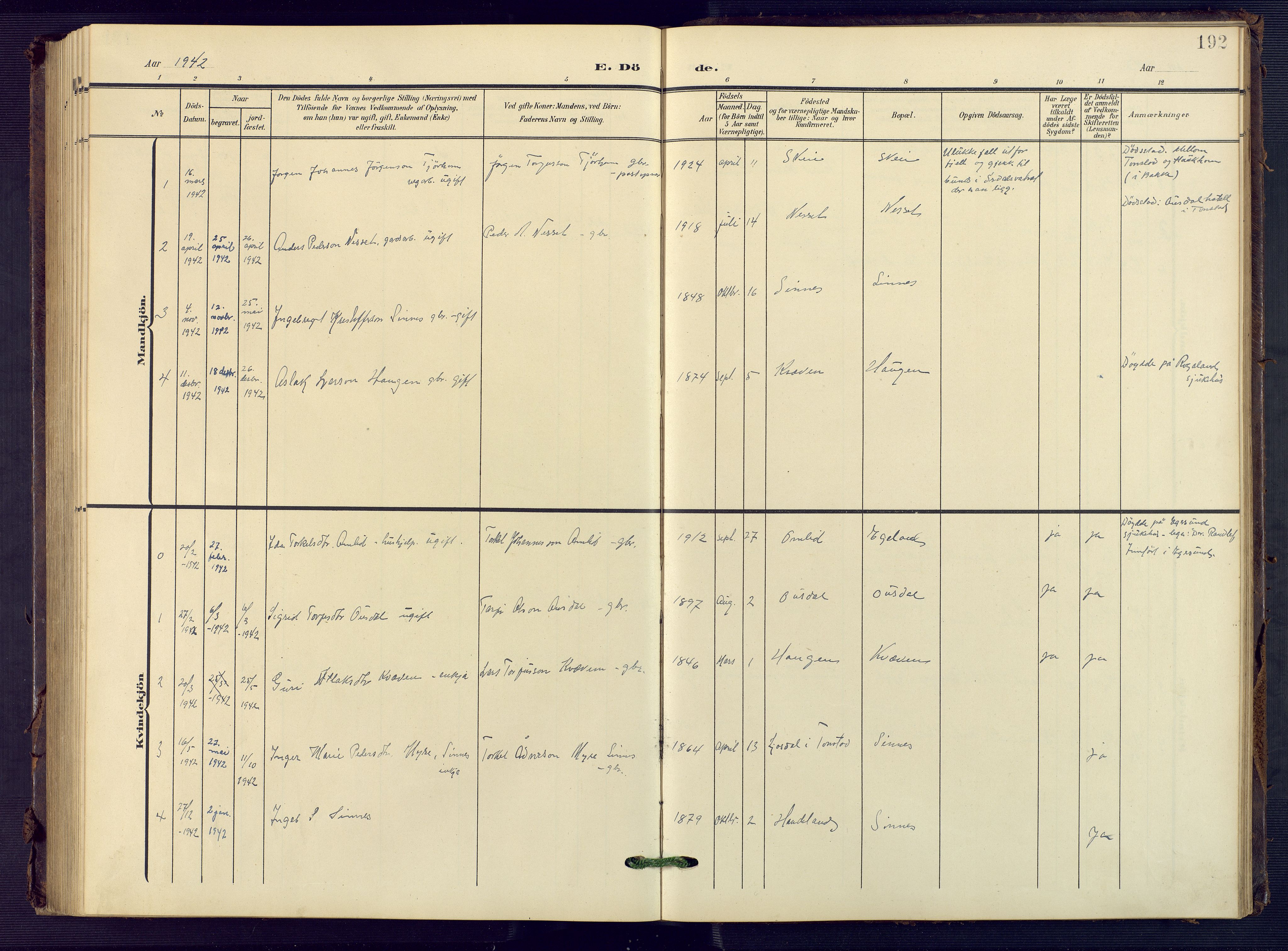 Sirdal sokneprestkontor, AV/SAK-1111-0036/F/Fb/Fba/L0002: Parish register (copy) no. B 2, 1905-1958, p. 192