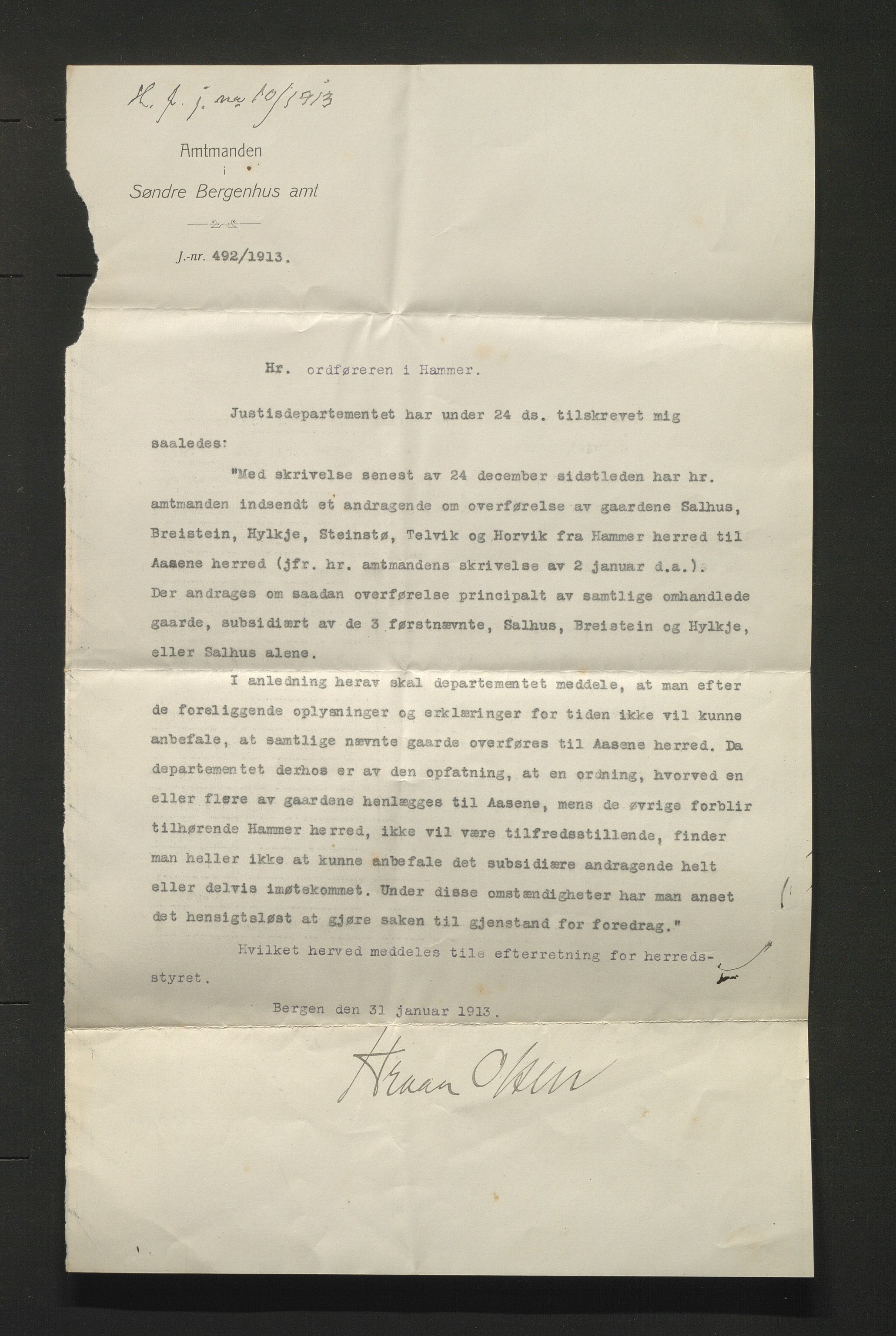 Hamre kommune. Formannskapet, IKAH/1254-021/D/Db/L0011/0001: Kommunedeling  / Gardane Salhus, Breistein og Hylkje til Åsane kommune , 1913