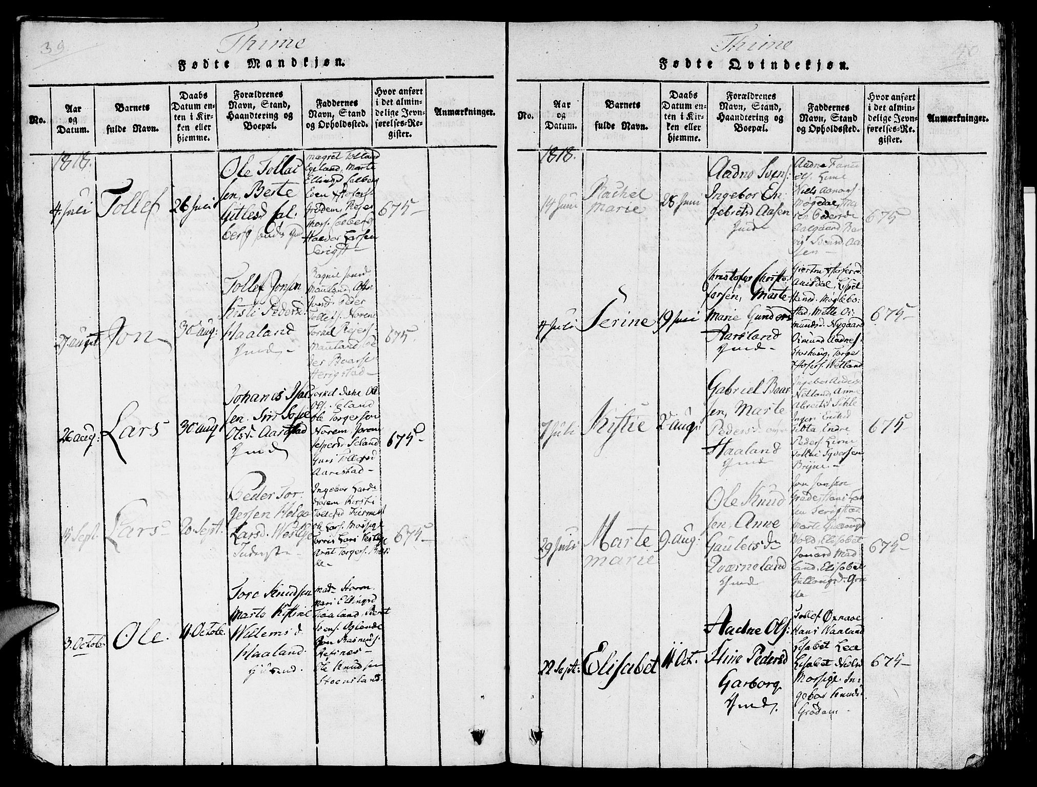 Lye sokneprestkontor, AV/SAST-A-101794/001/30/30BA/L0003: Parish register (official) no. A 3 /1, 1816-1826, p. 39-40