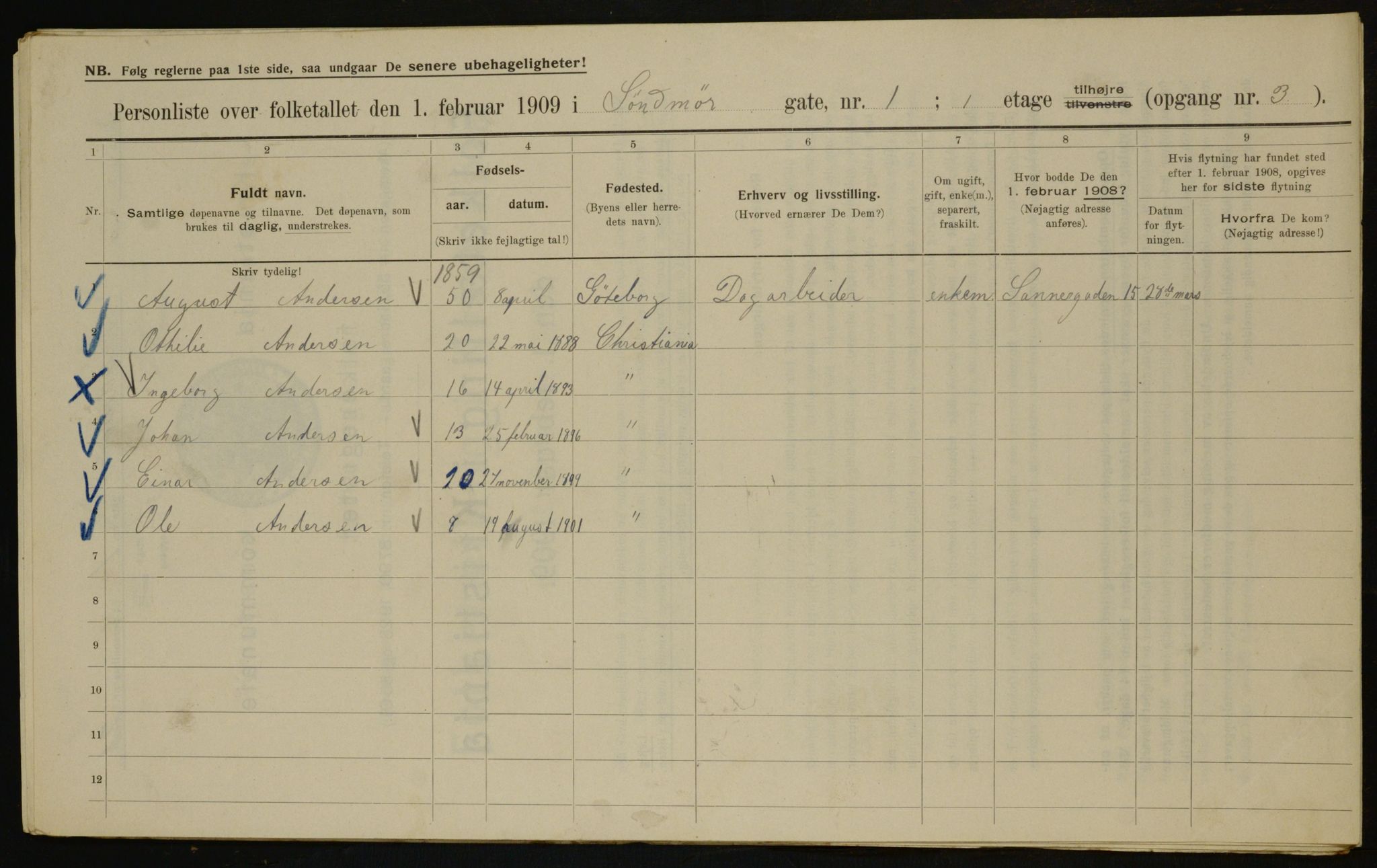 OBA, Municipal Census 1909 for Kristiania, 1909, p. 94685