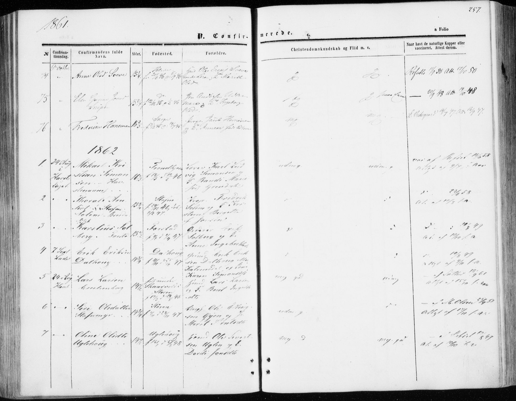 Ministerialprotokoller, klokkerbøker og fødselsregistre - Sør-Trøndelag, SAT/A-1456/606/L0292: Parish register (official) no. 606A07, 1856-1865, p. 257