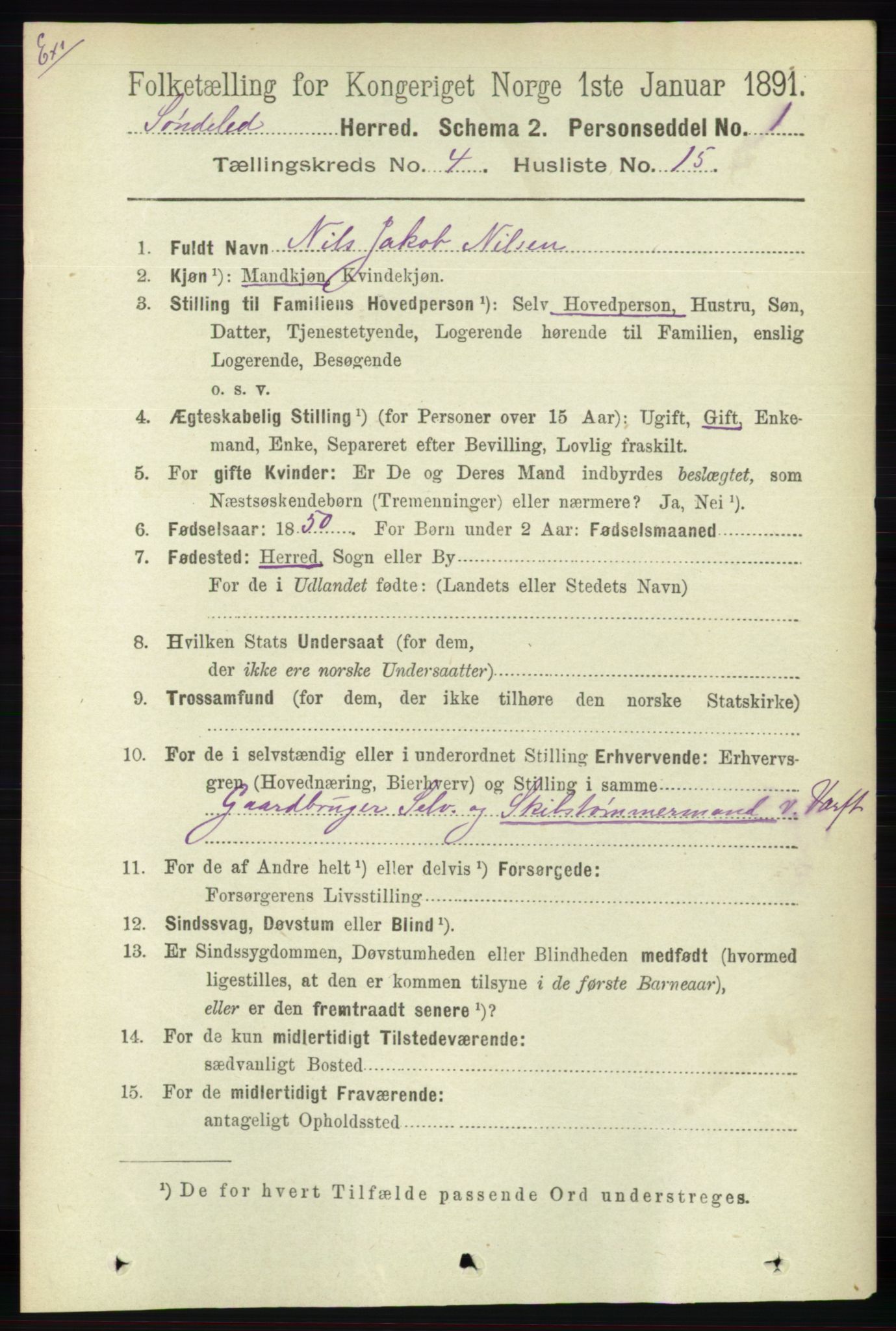 RA, Census 1891 for Nedenes amt: Gjenparter av personsedler for beslektede ektefeller, menn, 1891, p. 115