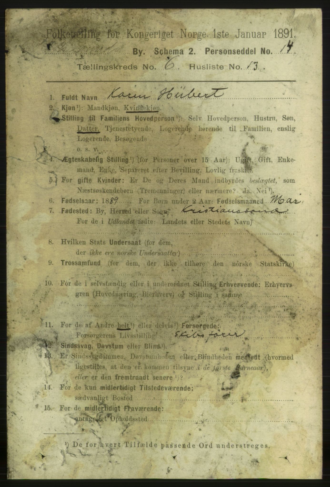 RA, 1891 census for 1001 Kristiansand, 1891, p. 4596