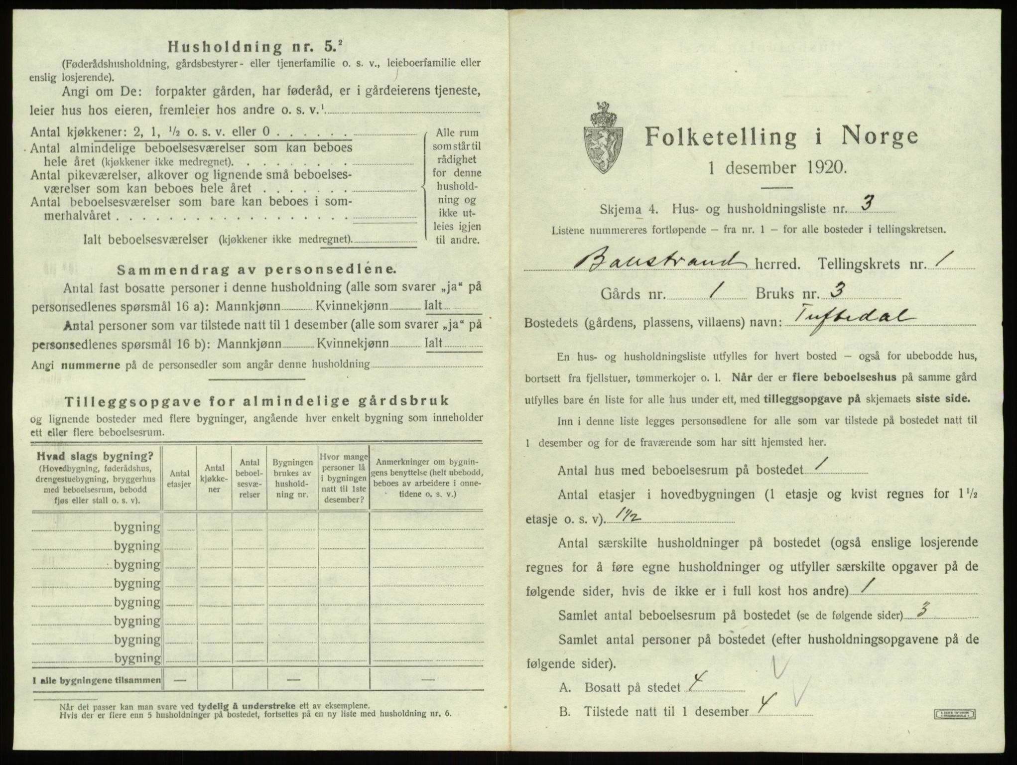 SAB, 1920 census for Balestrand, 1920, p. 43