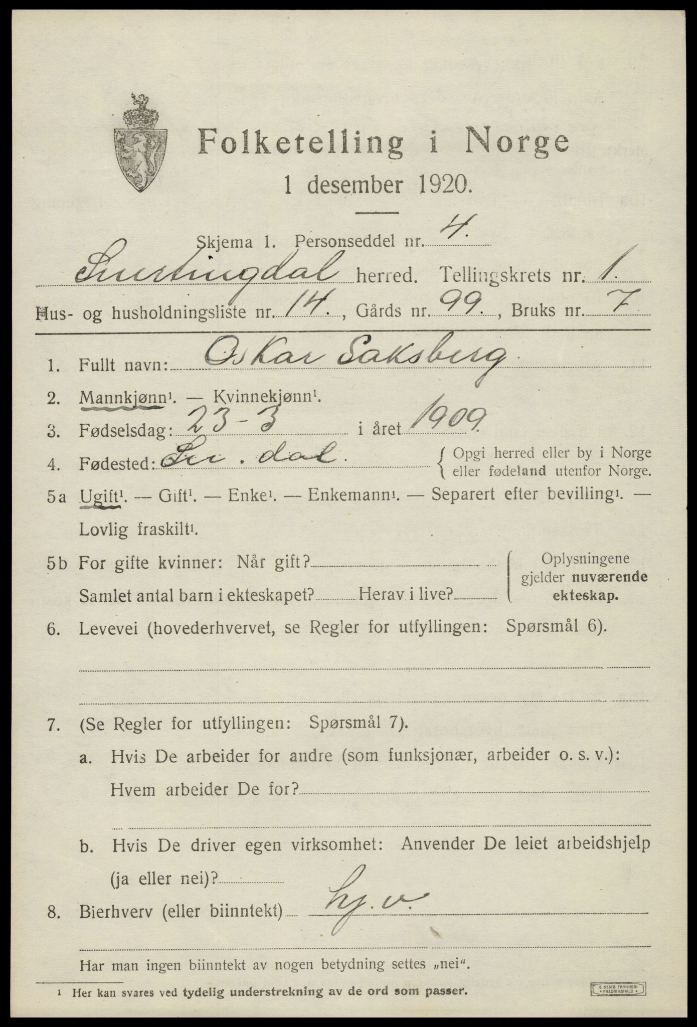 SAH, 1920 census for Snertingdal, 1920, p. 959