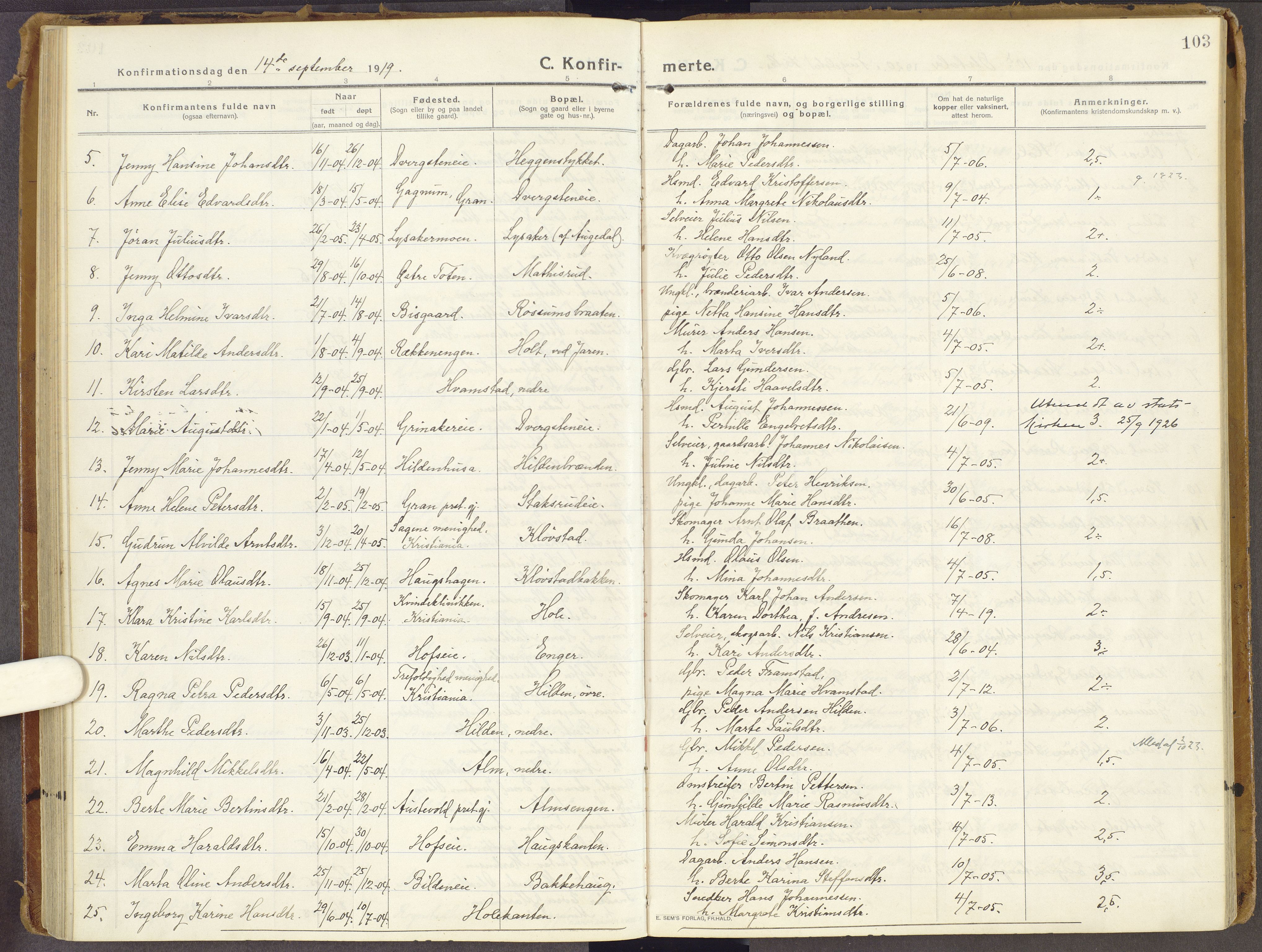 Brandbu prestekontor, SAH/PREST-114/H/Ha/Haa/L0003: Parish register (official) no. 3, 1914-1928, p. 103