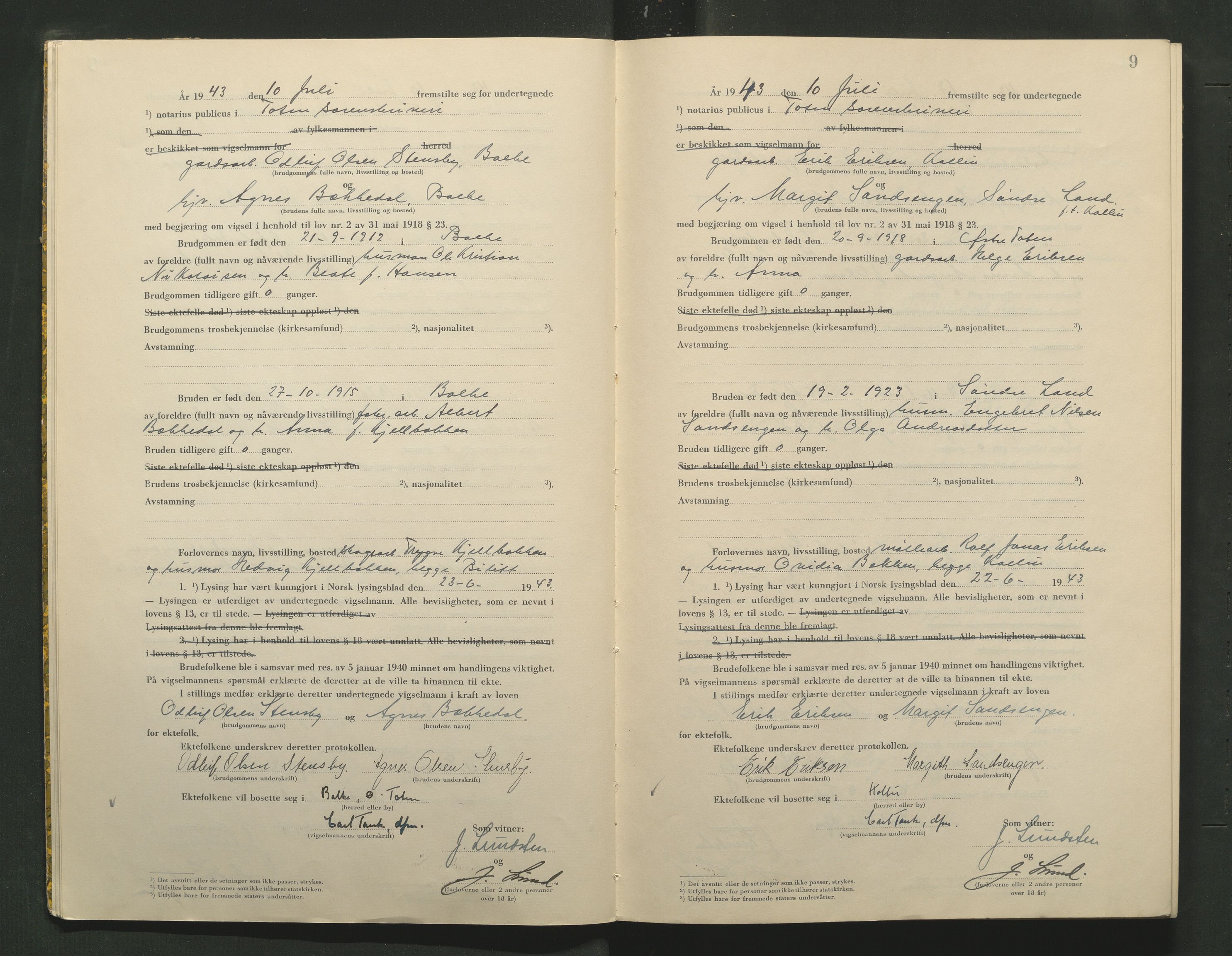 Toten tingrett, AV/SAH-TING-006/L/Lc/L0003: Vigselbok, 1943-1944, p. 9