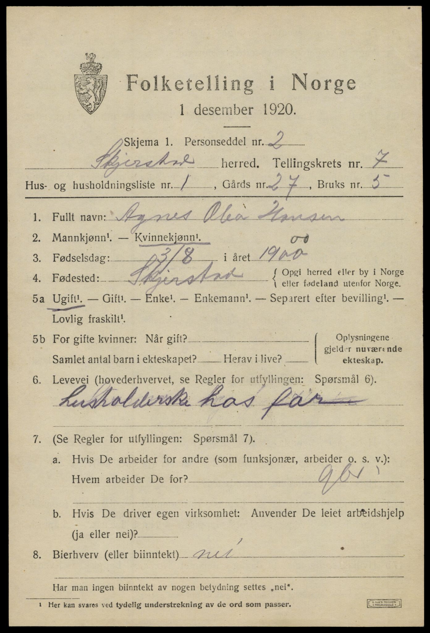 SAT, 1920 census for Skjerstad, 1920, p. 2423