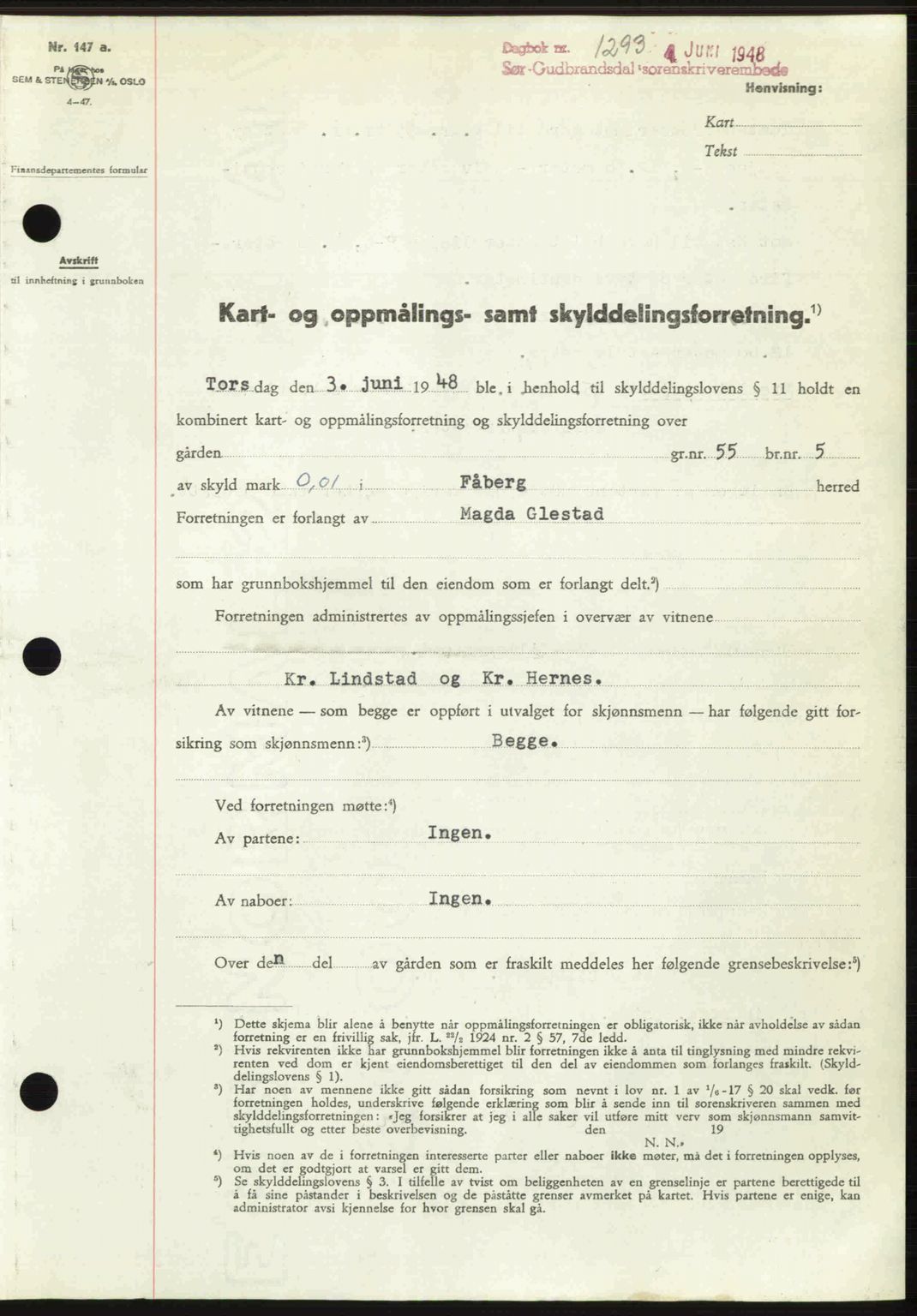Sør-Gudbrandsdal tingrett, SAH/TING-004/H/Hb/Hbd/L0022: Mortgage book no. A22, 1948-1948, Diary no: : 1293/1948