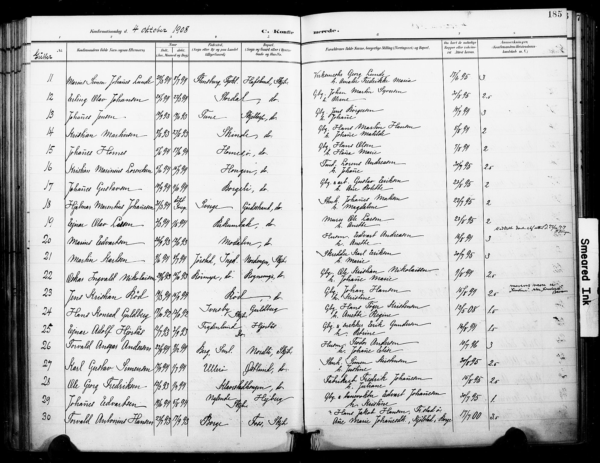 Skjeberg prestekontor Kirkebøker, SAO/A-10923/F/Fa/L0010: Parish register (official) no. I 10, 1898-1911, p. 185
