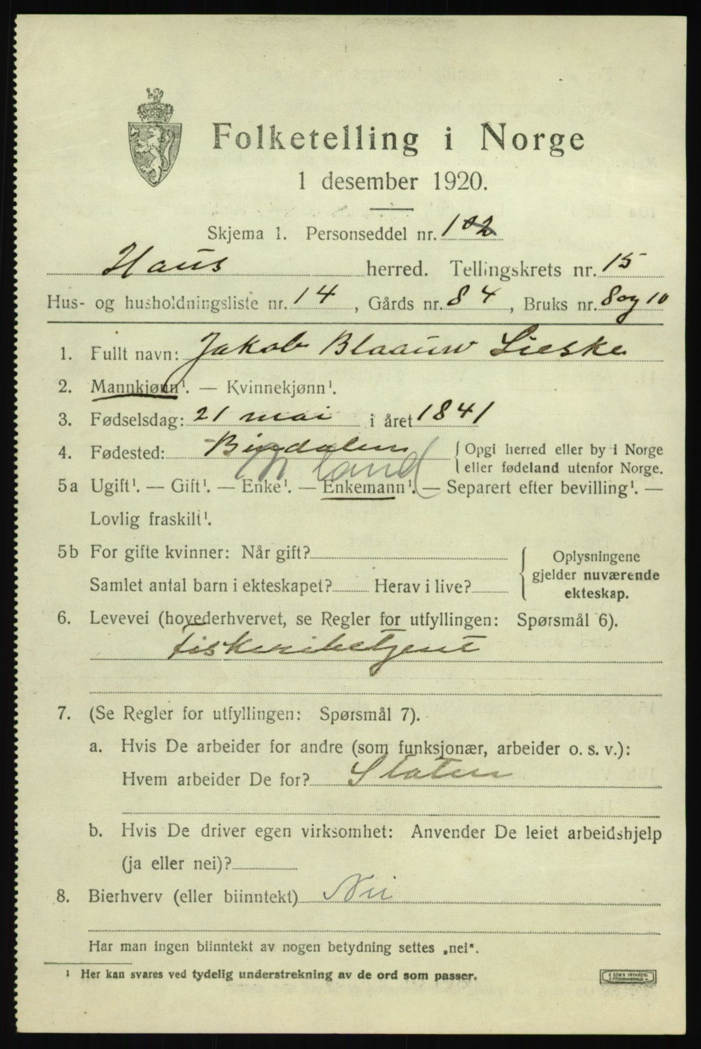 SAB, 1920 census for Haus, 1920, p. 9392