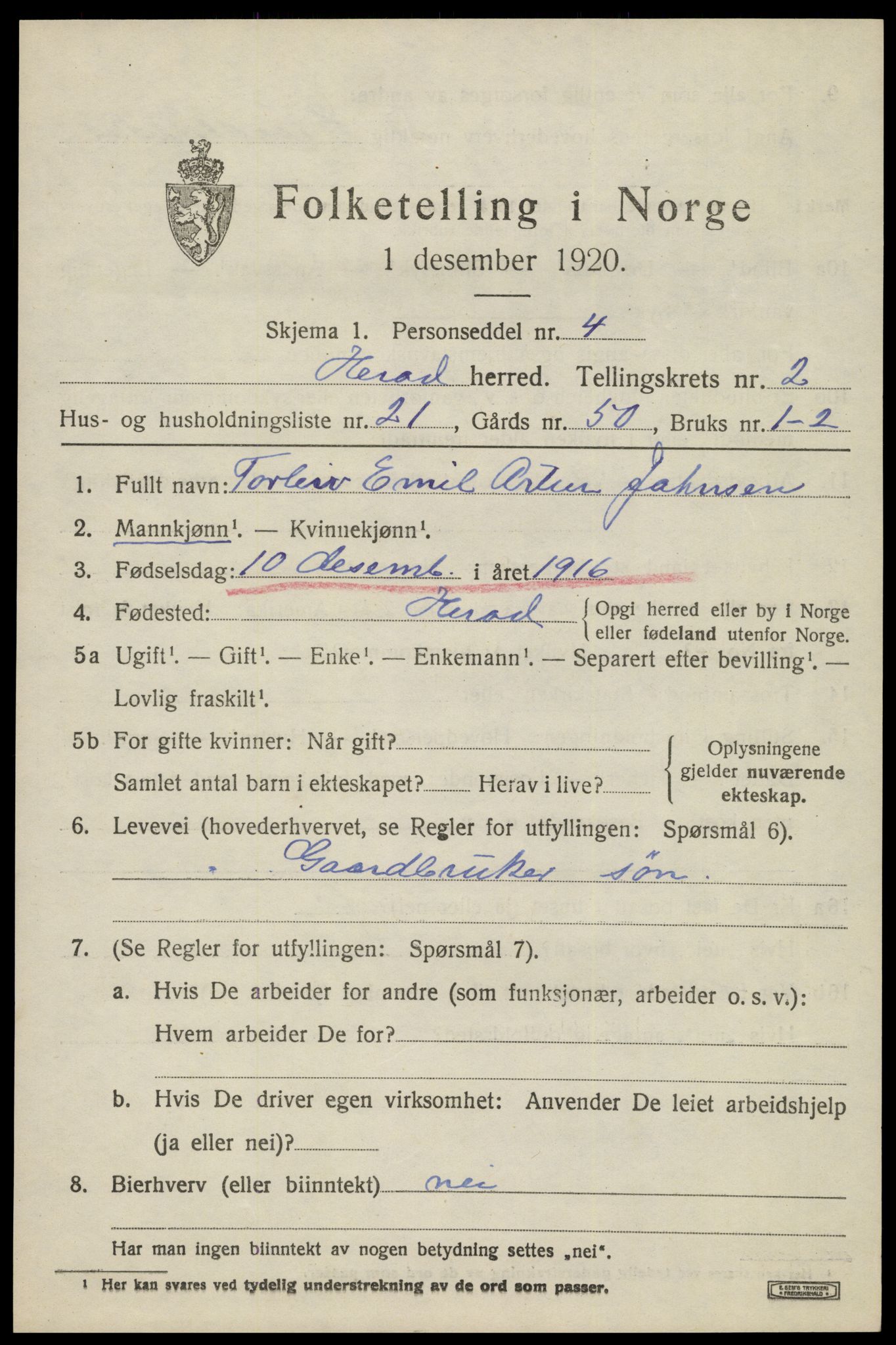 SAK, 1920 census for Herad, 1920, p. 1268