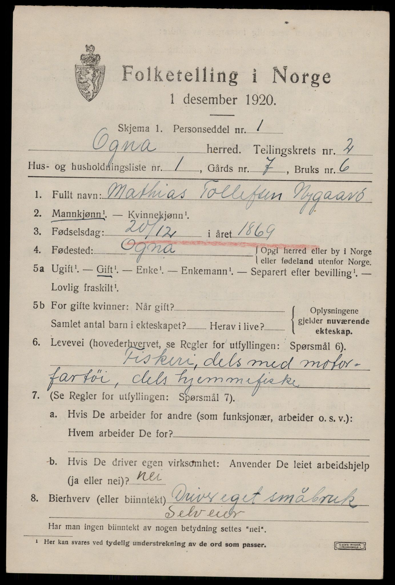 SAST, 1920 census for Ogna, 1920, p. 813